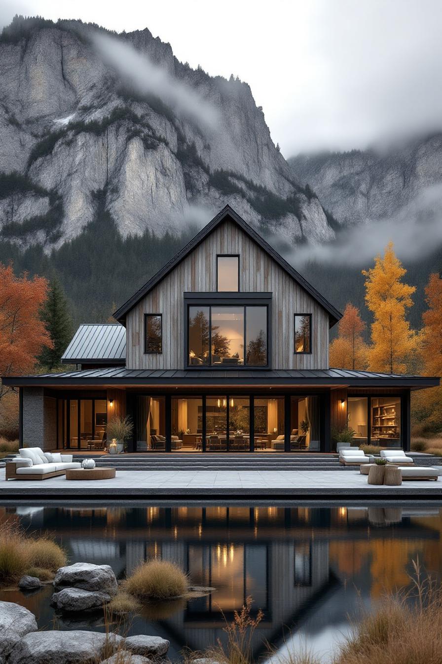 Stylish home with glass facades by a pond