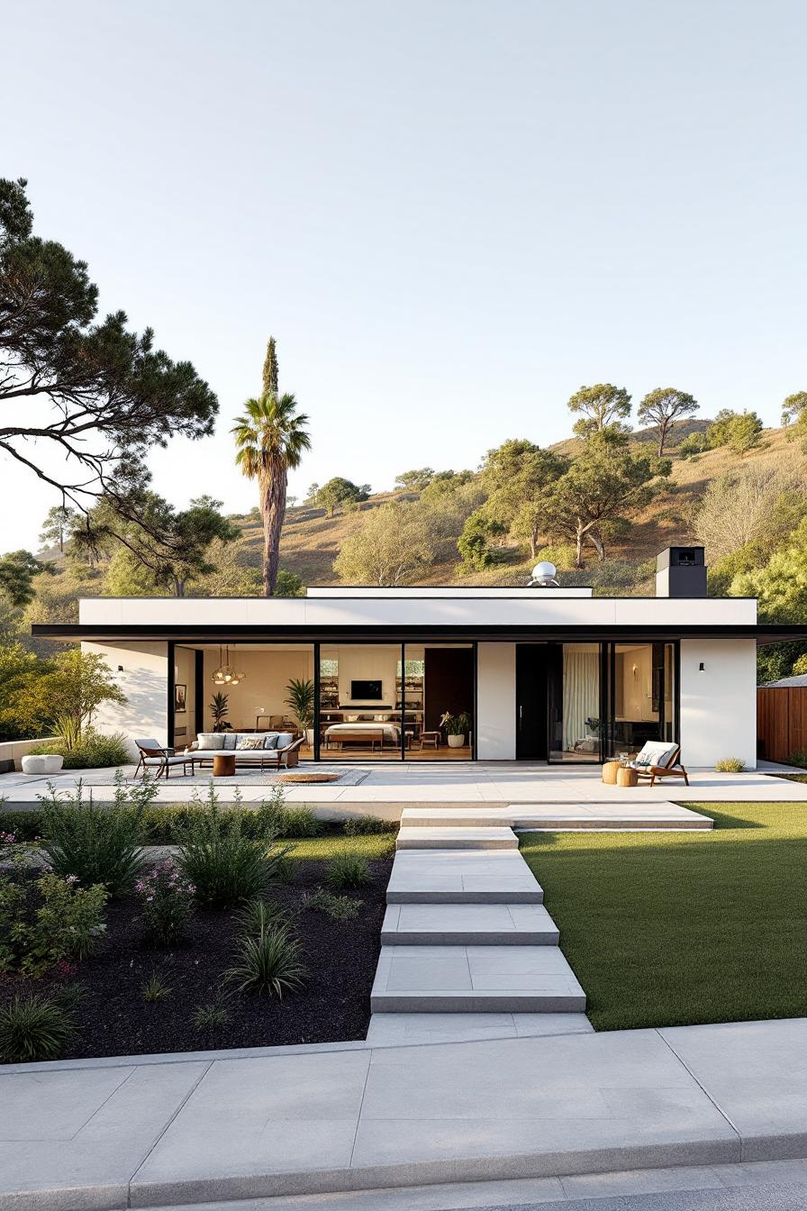 Modern bungalow with large glass doors and green garden