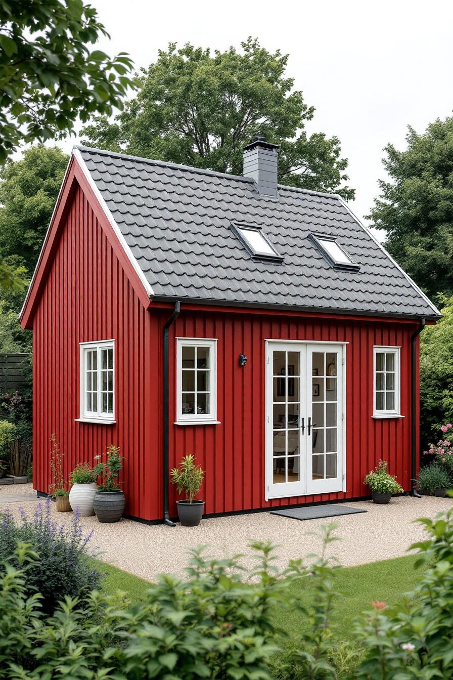 A vibrant red cottage amidst lush greenery