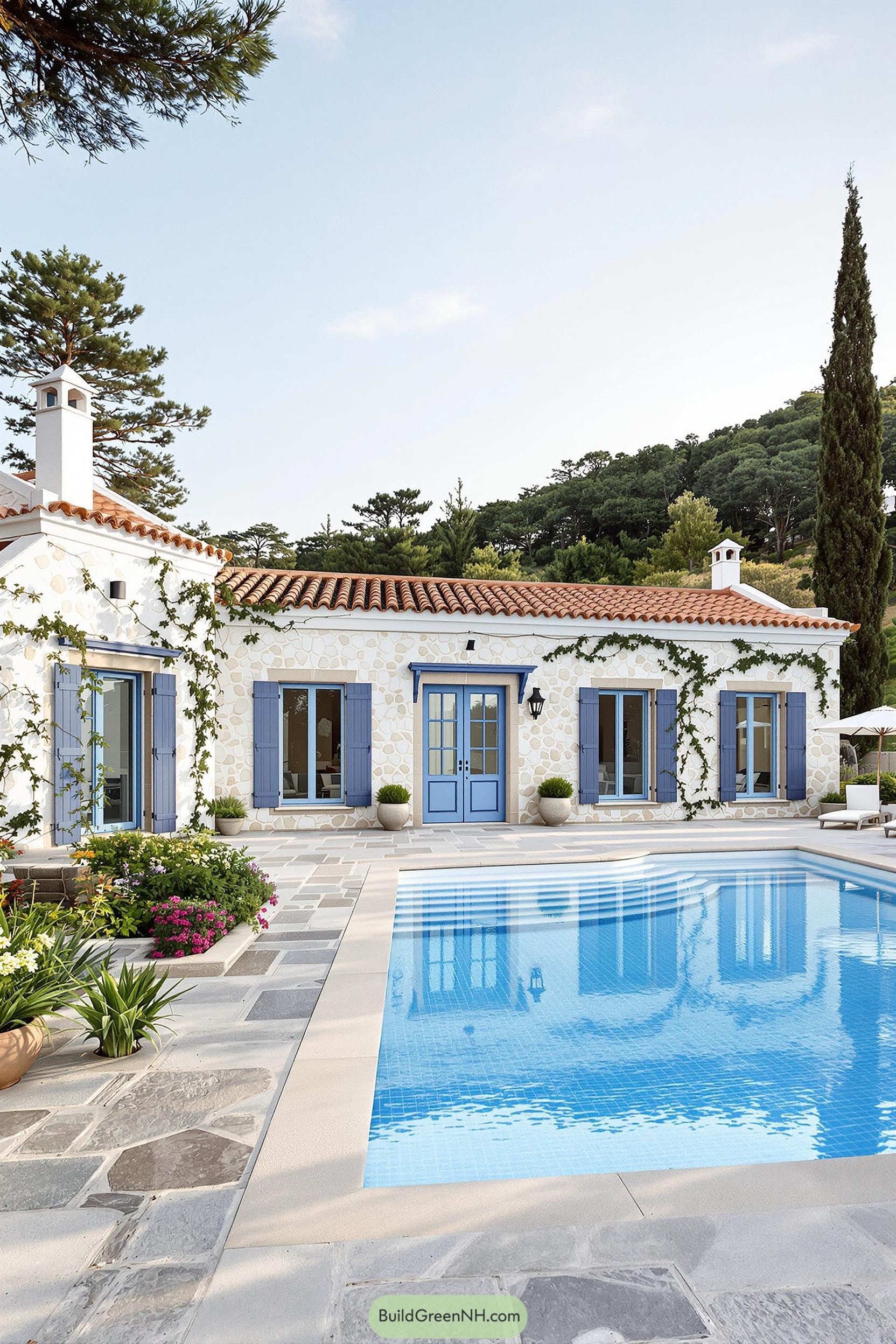 Charming white cottage with blue accents and a sparkling pool