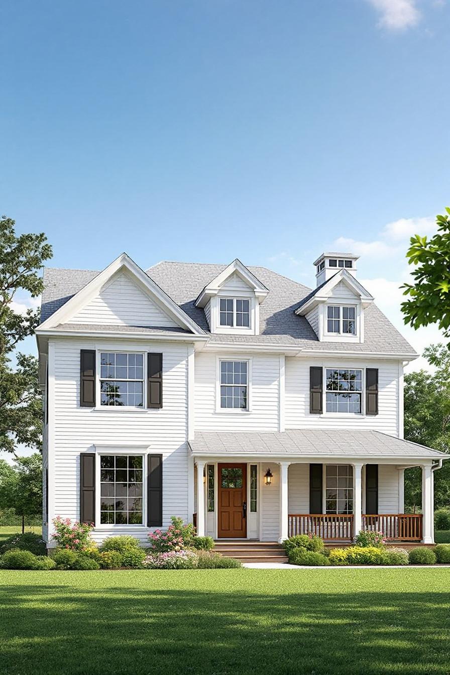 Charming white country house with a welcoming front porch