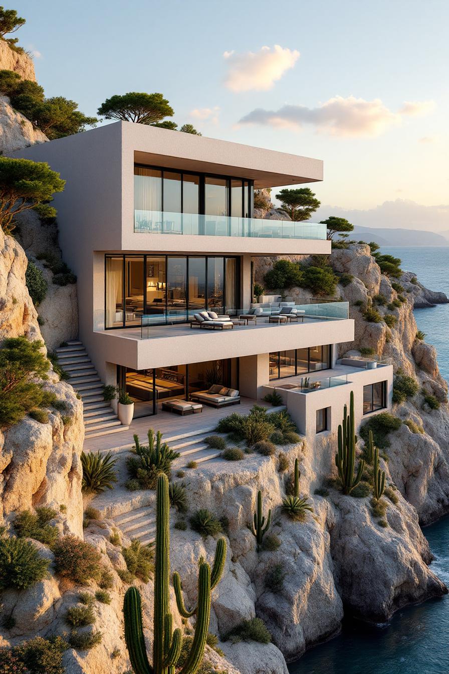 Modern villa perched on rocky cliffs with sea view