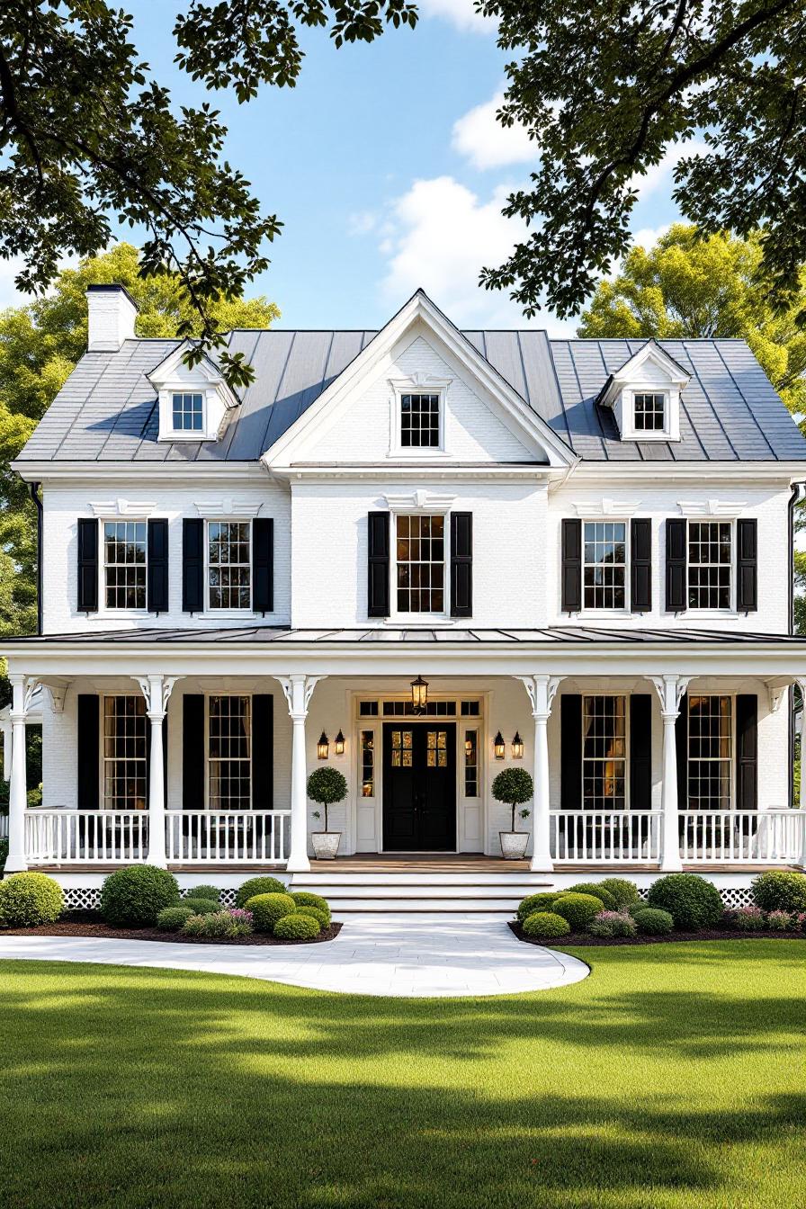 Large white house with black shutters and a welcoming porch