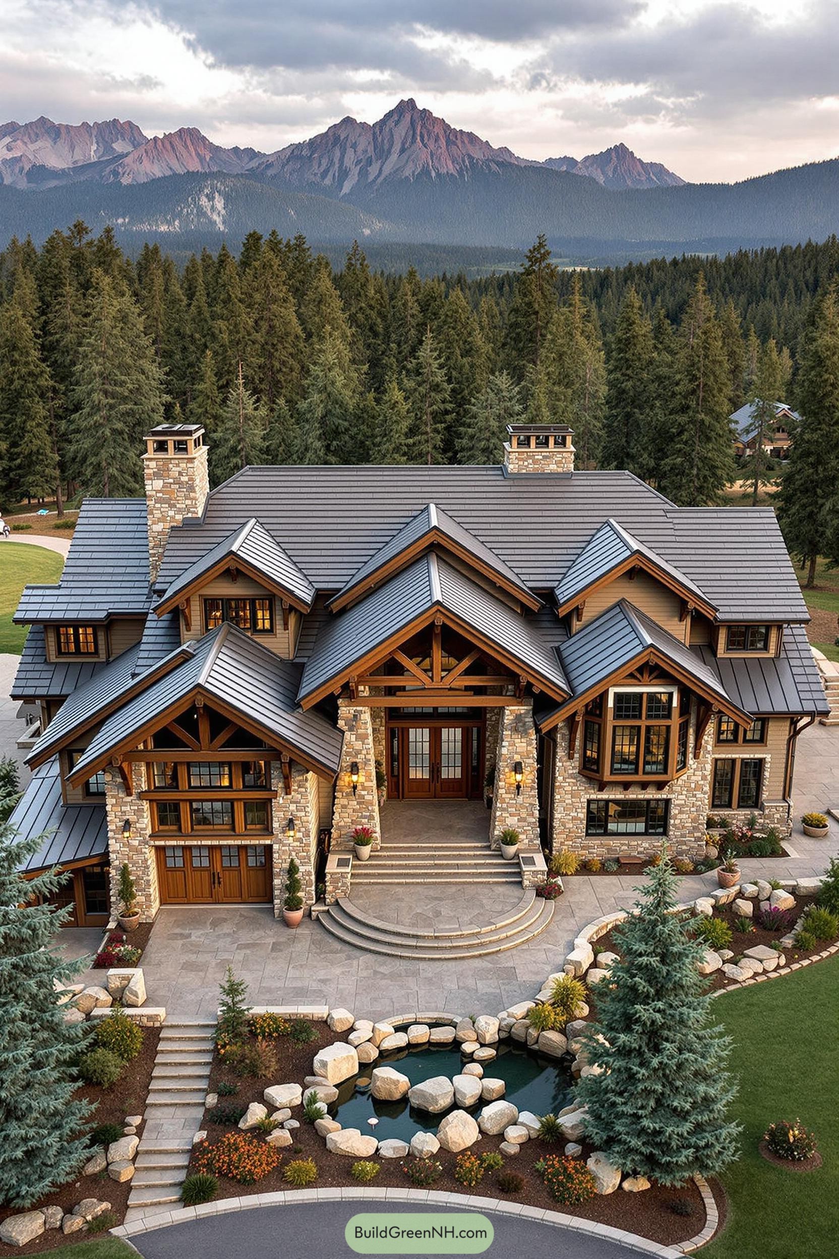 Stone house with dark roof and scenic mountain view