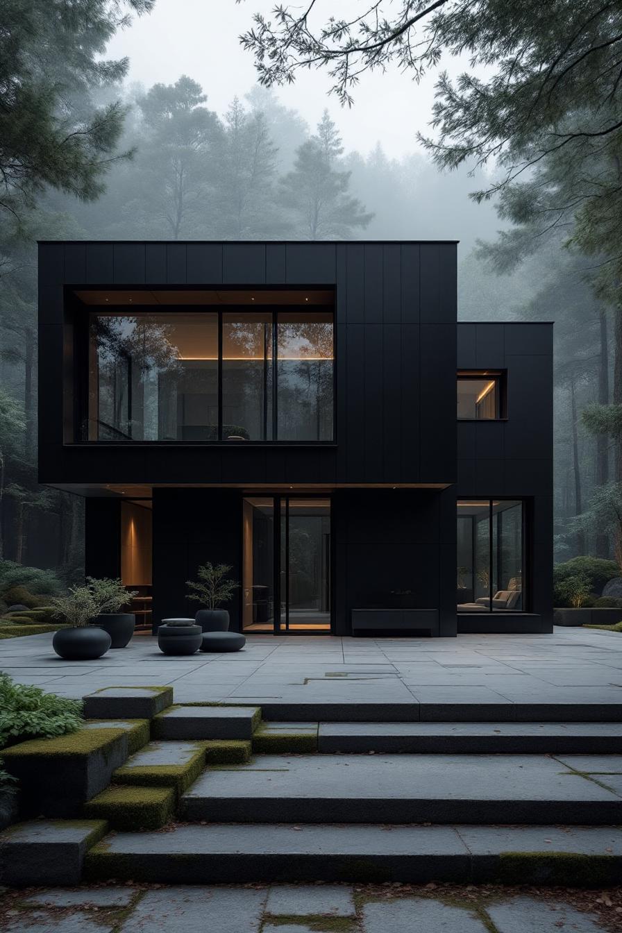 Sleek black modern house surrounded by misty forest
