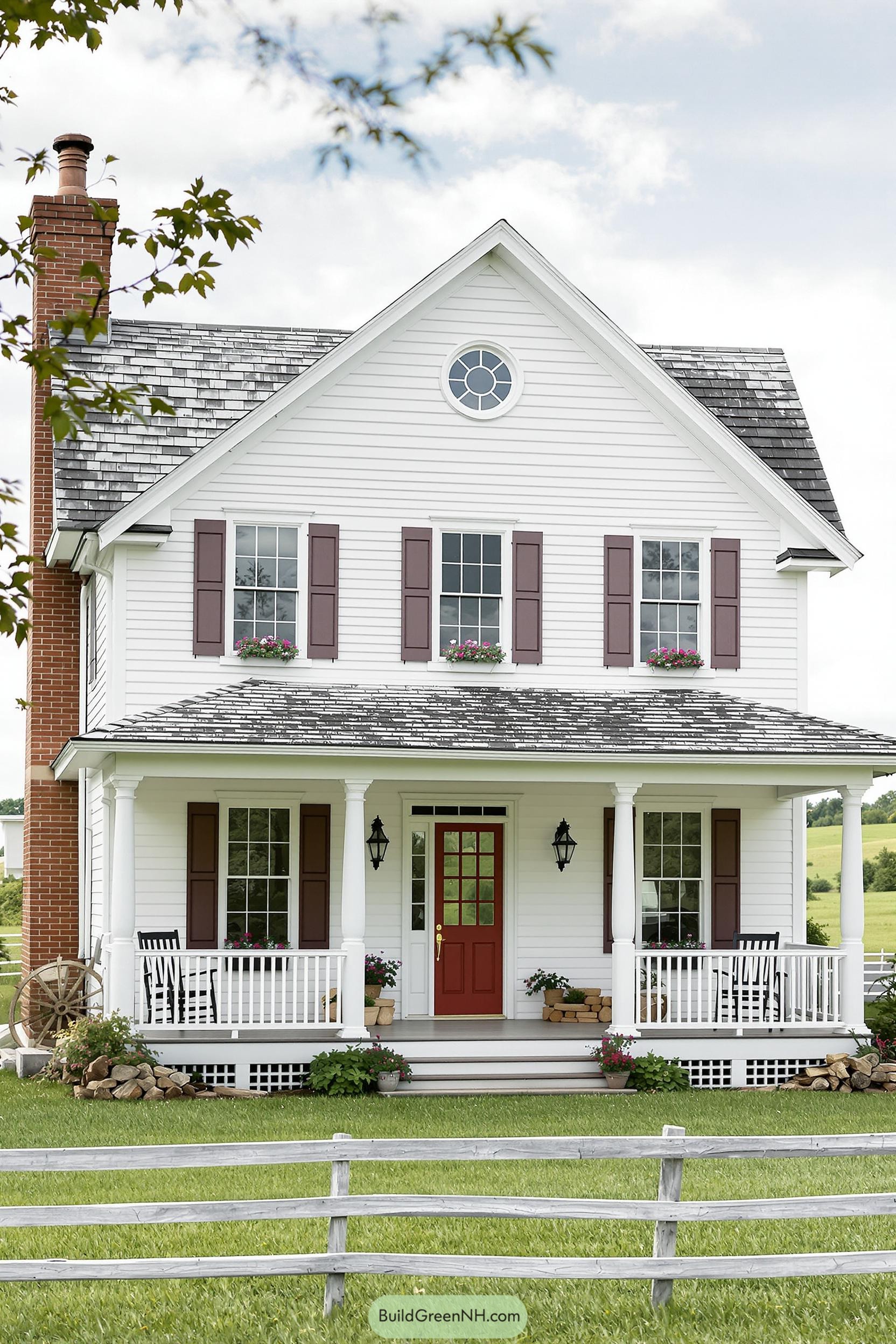 Charming white house with red door and porch