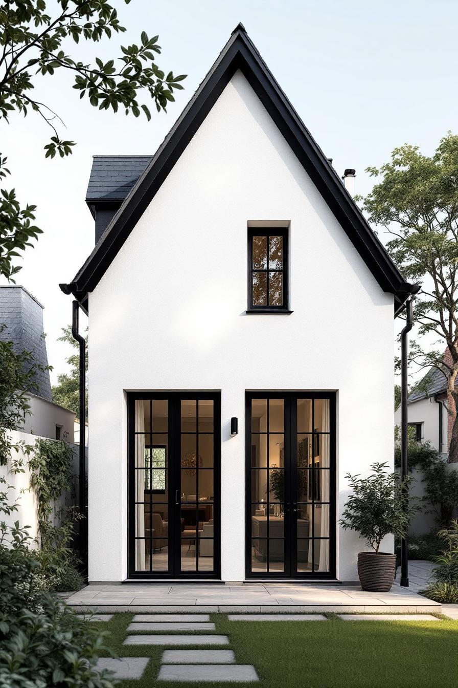 White gable-front house with black-framed windows