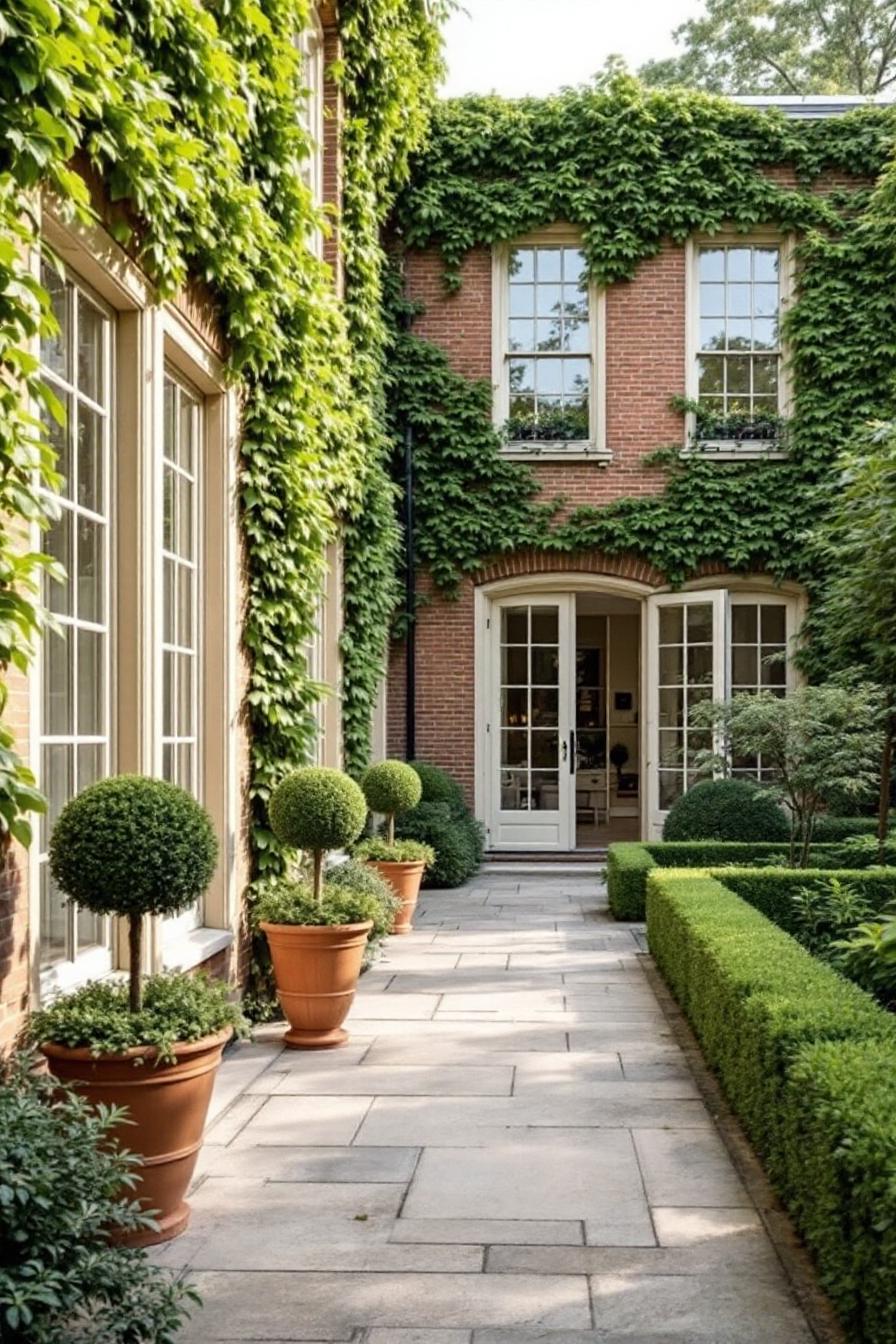 Courtyard with brick facade and lush greenery