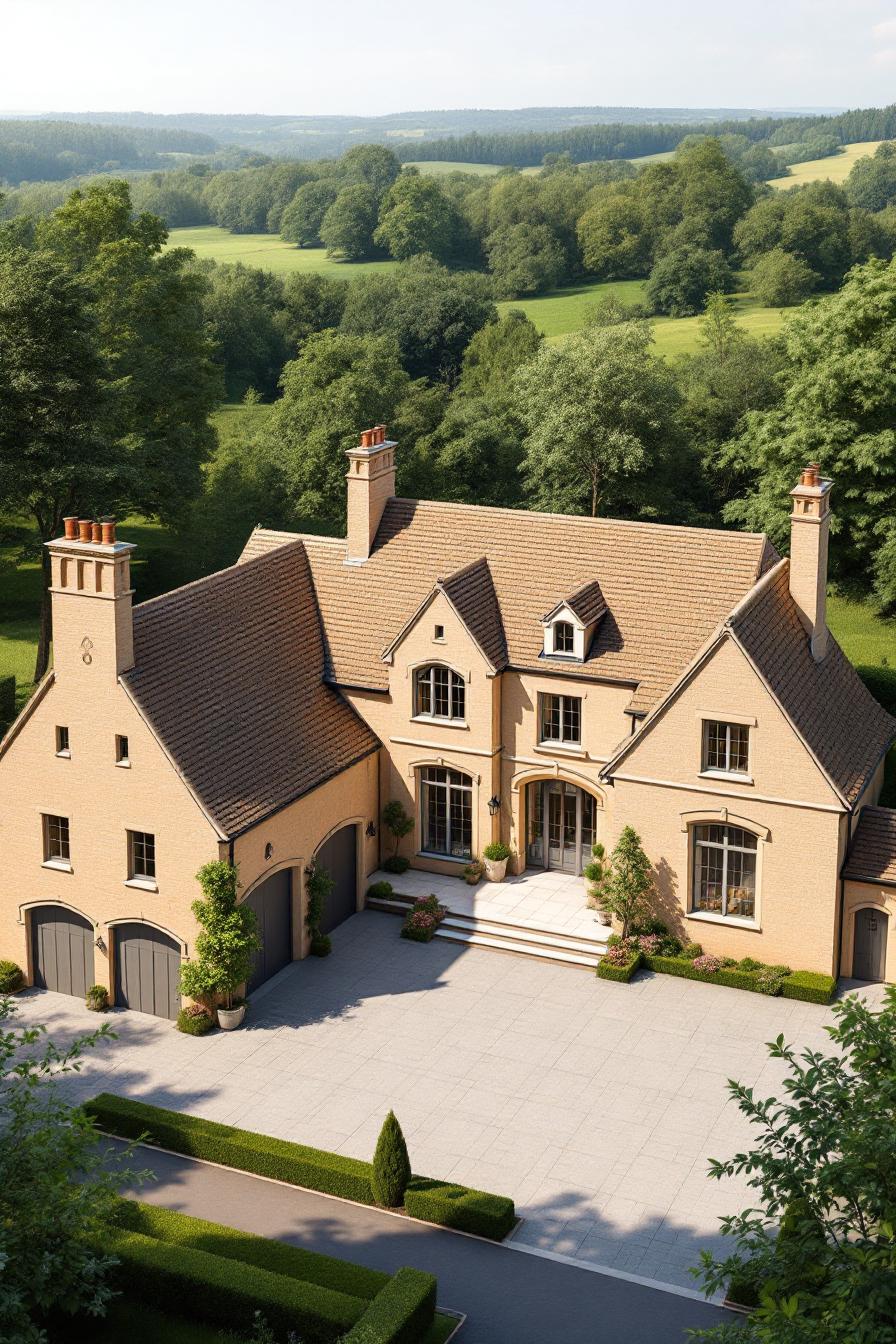A beautiful Georgian-style farmhouse in a lush countryside setting