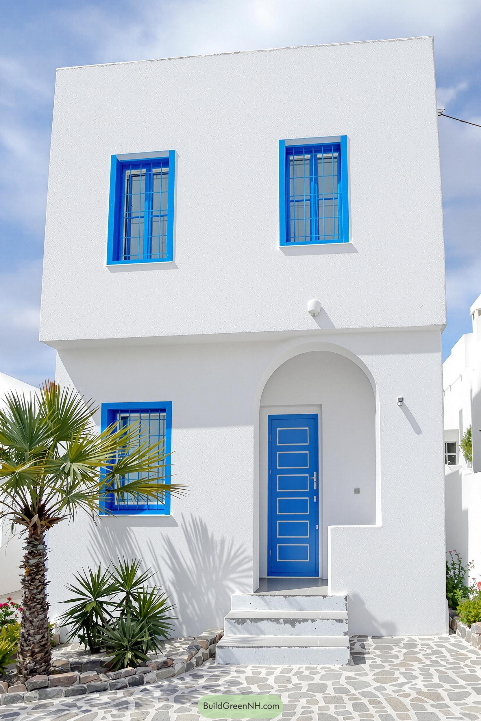 Greek cottage with blue windows and door