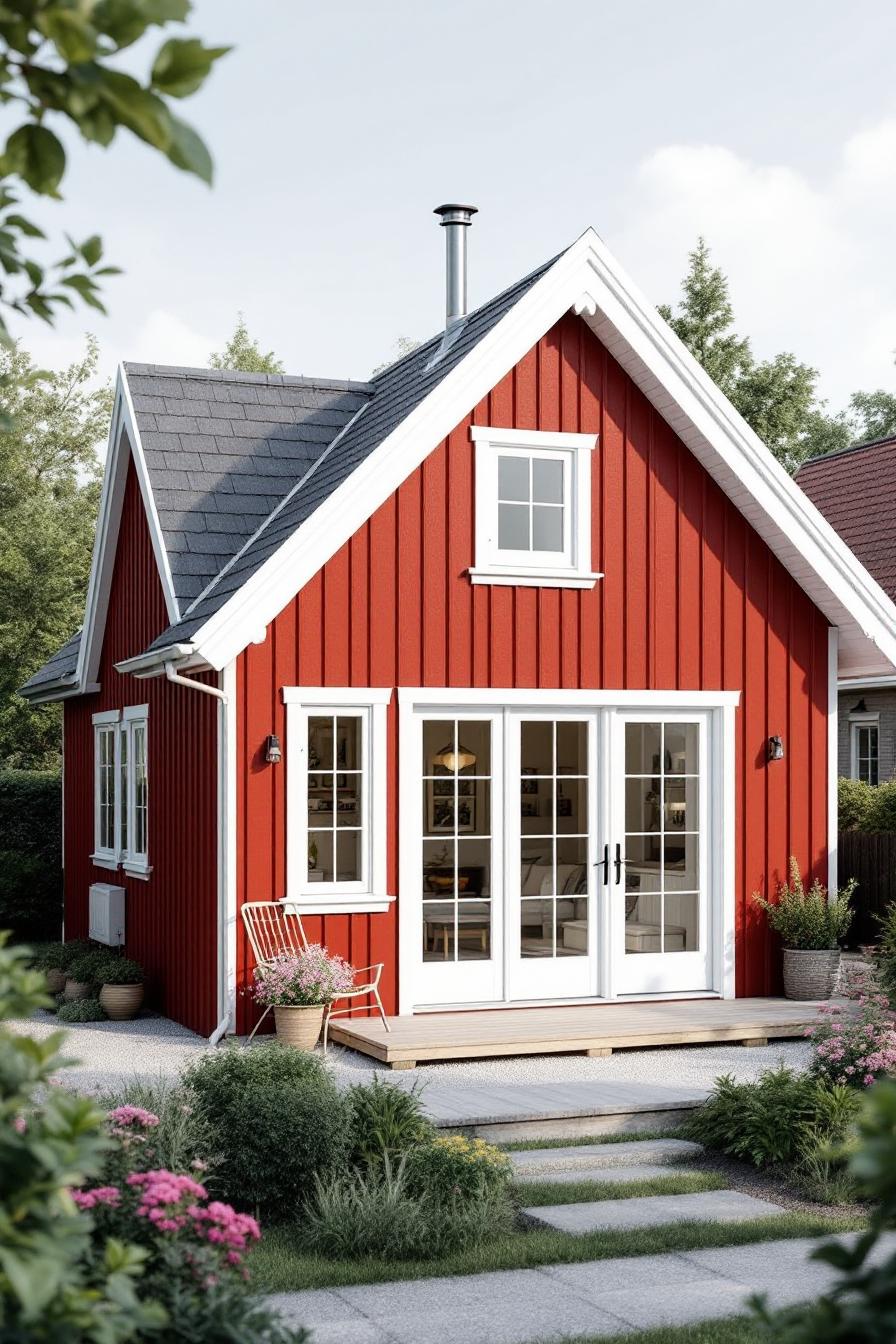 Red Scandi-style cottage with a white accent
