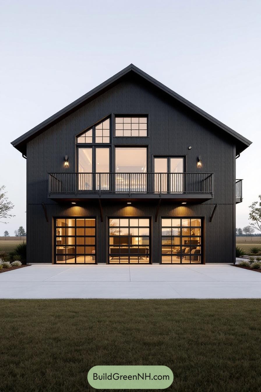 Modern black barndominium with large windows and garage doors