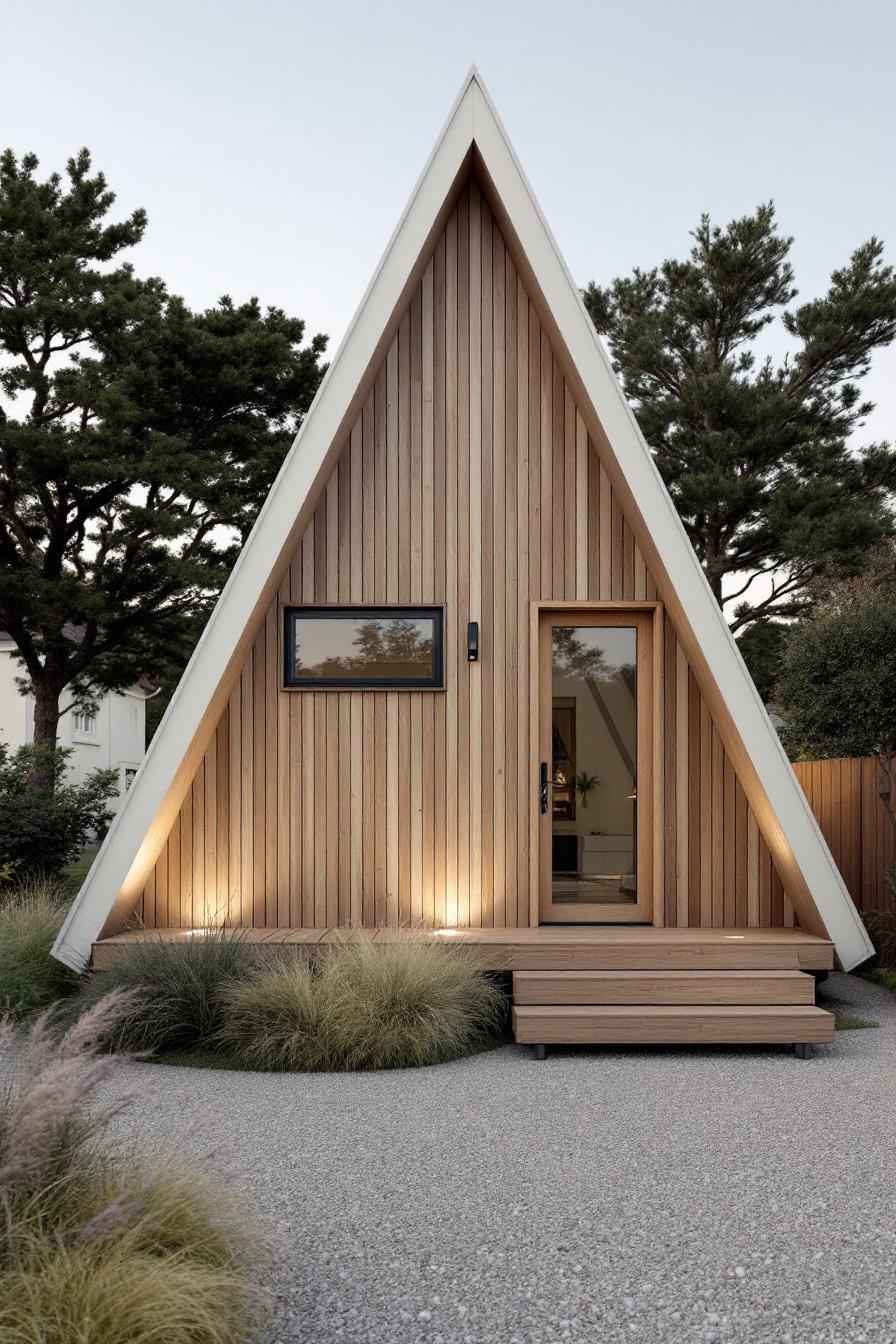 A-frame beach hut with wooden paneling