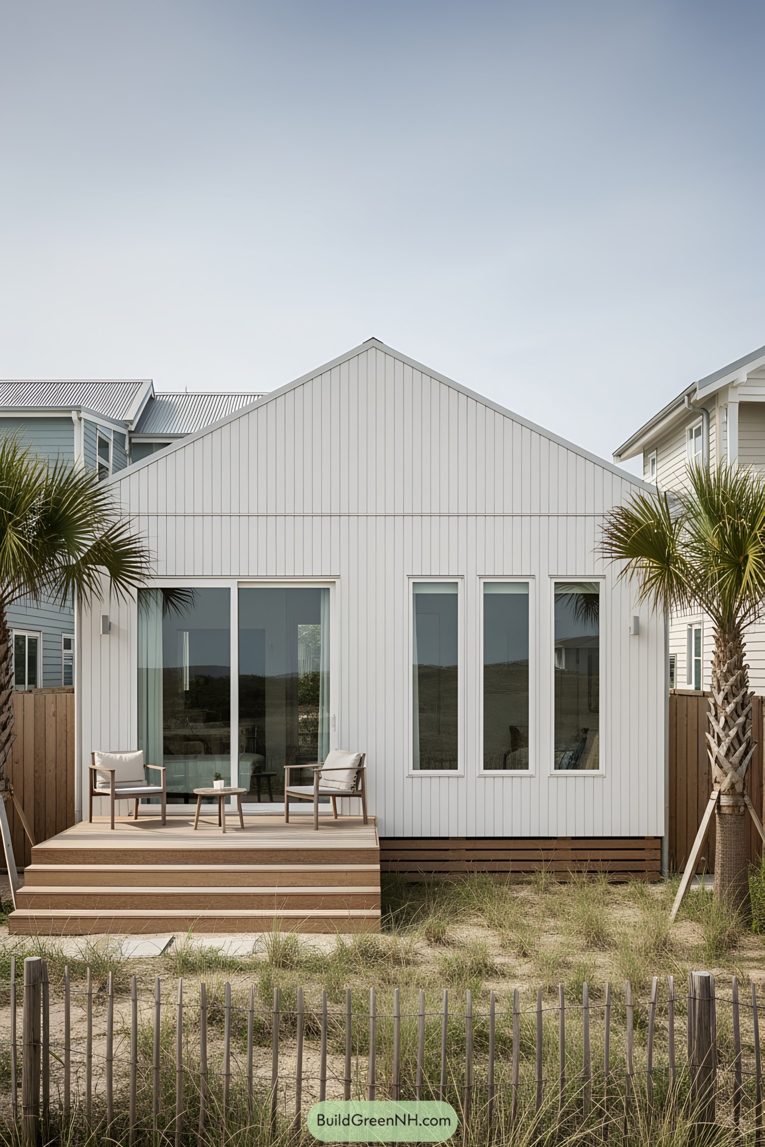 Cozy coastal bungalow with a wooden deck