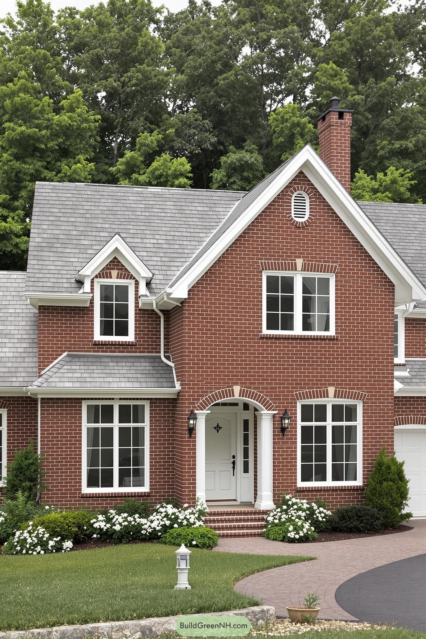 Brick house with manicured lawn and white flowers