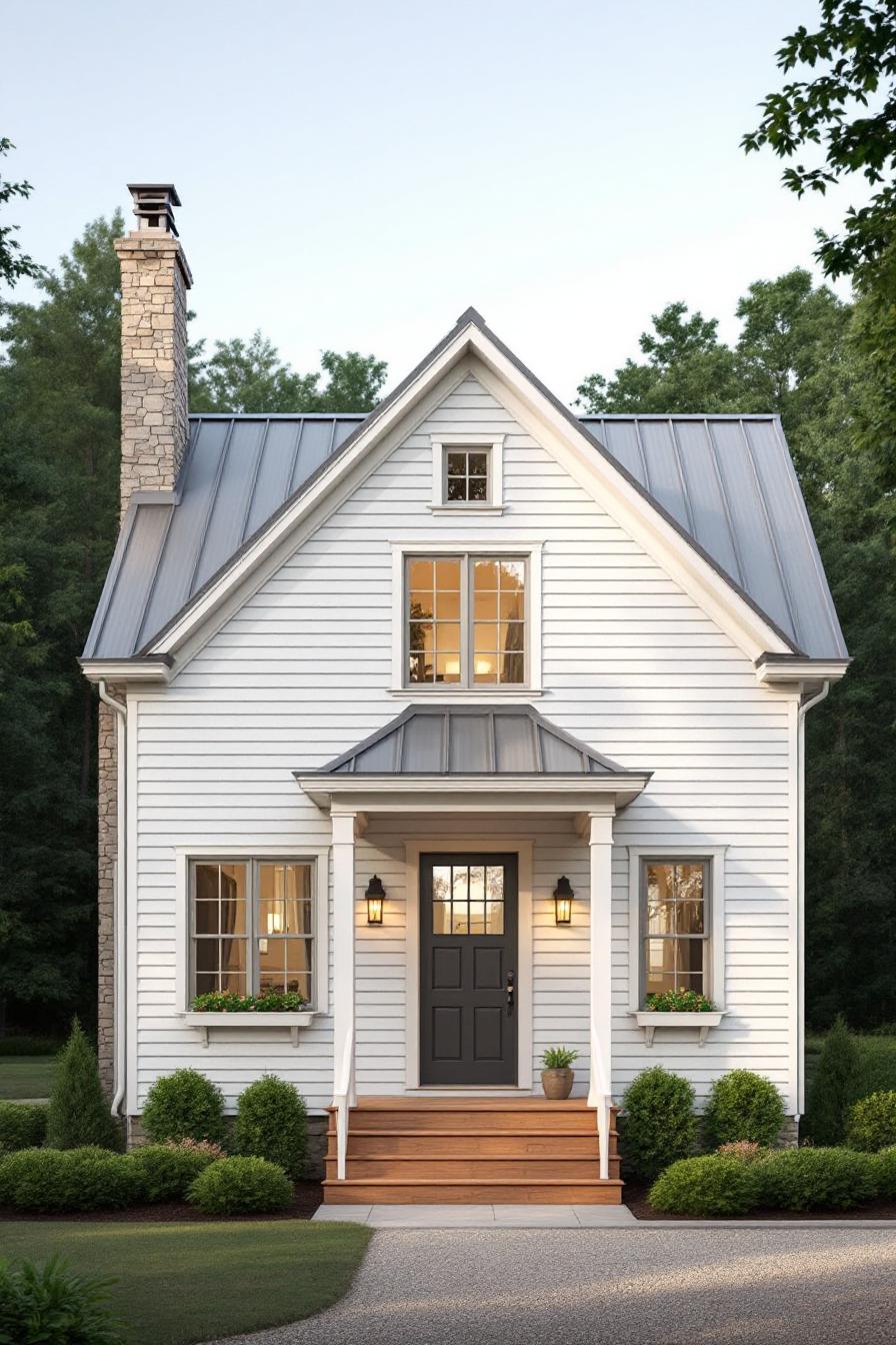 Charming white house with a small porch and stone chimney
