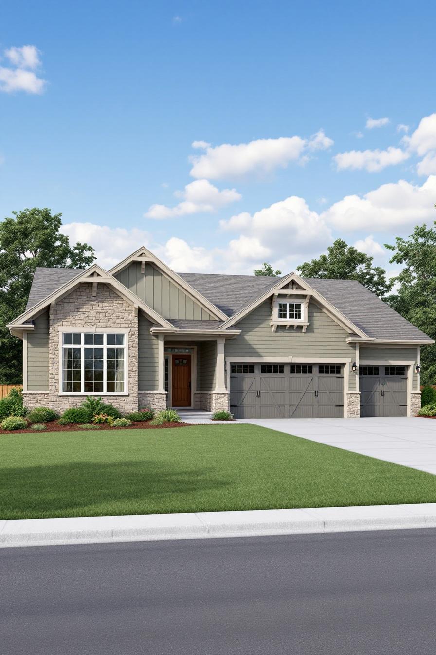 Craftsman ranch house with gray facade and large windows