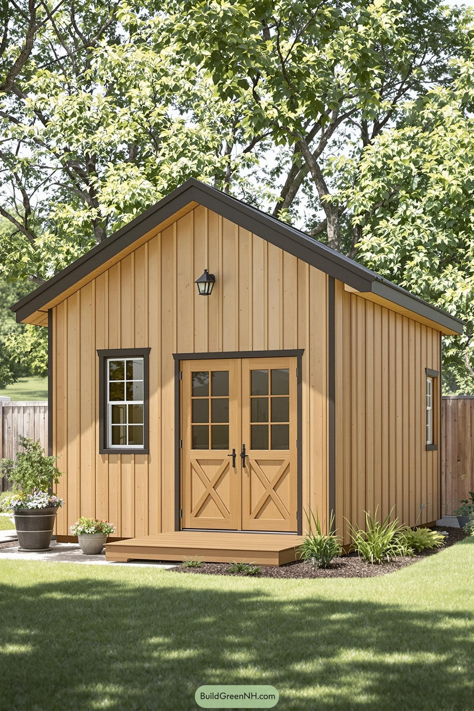 Compact wooden garden shed with large double doors