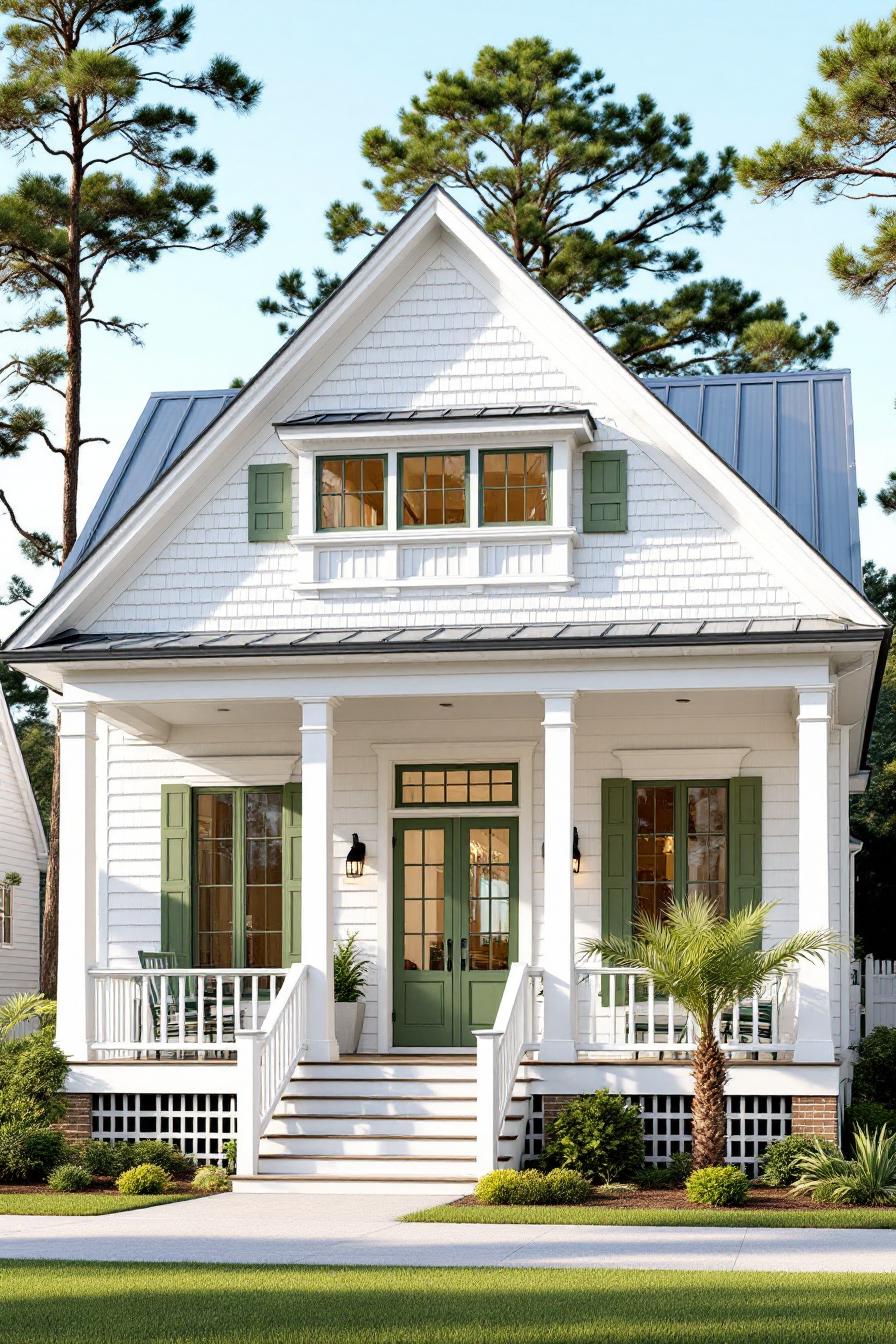 Charming cottage with a porch and green shutters