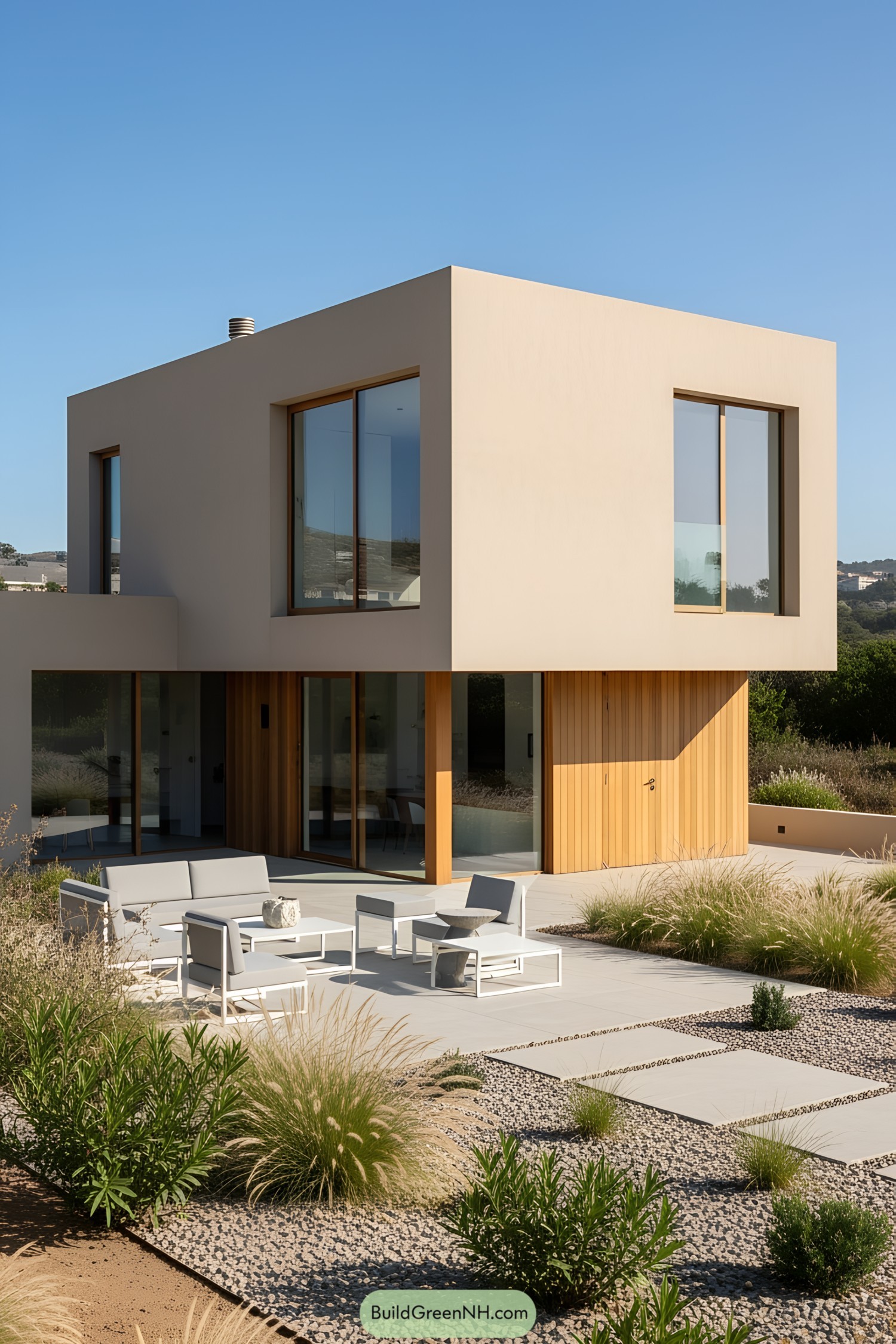 Modern Mediterranean beach house with outdoor seating