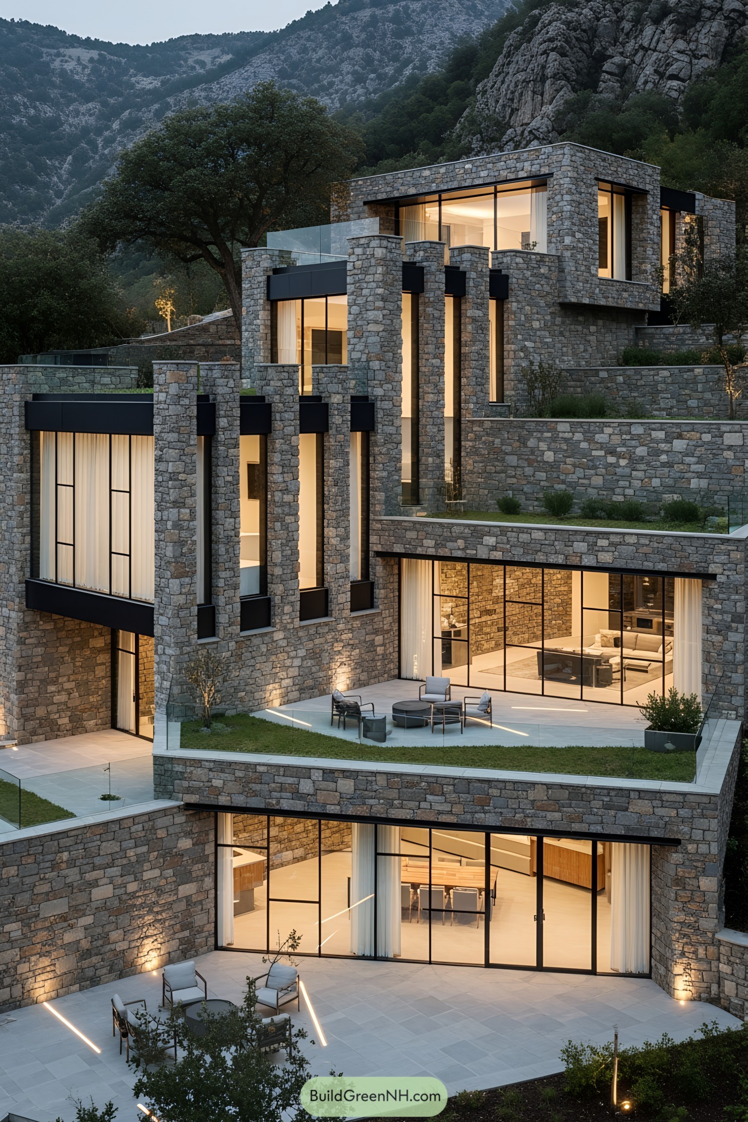 Luxurious stone villa nestled in mountainous terrain