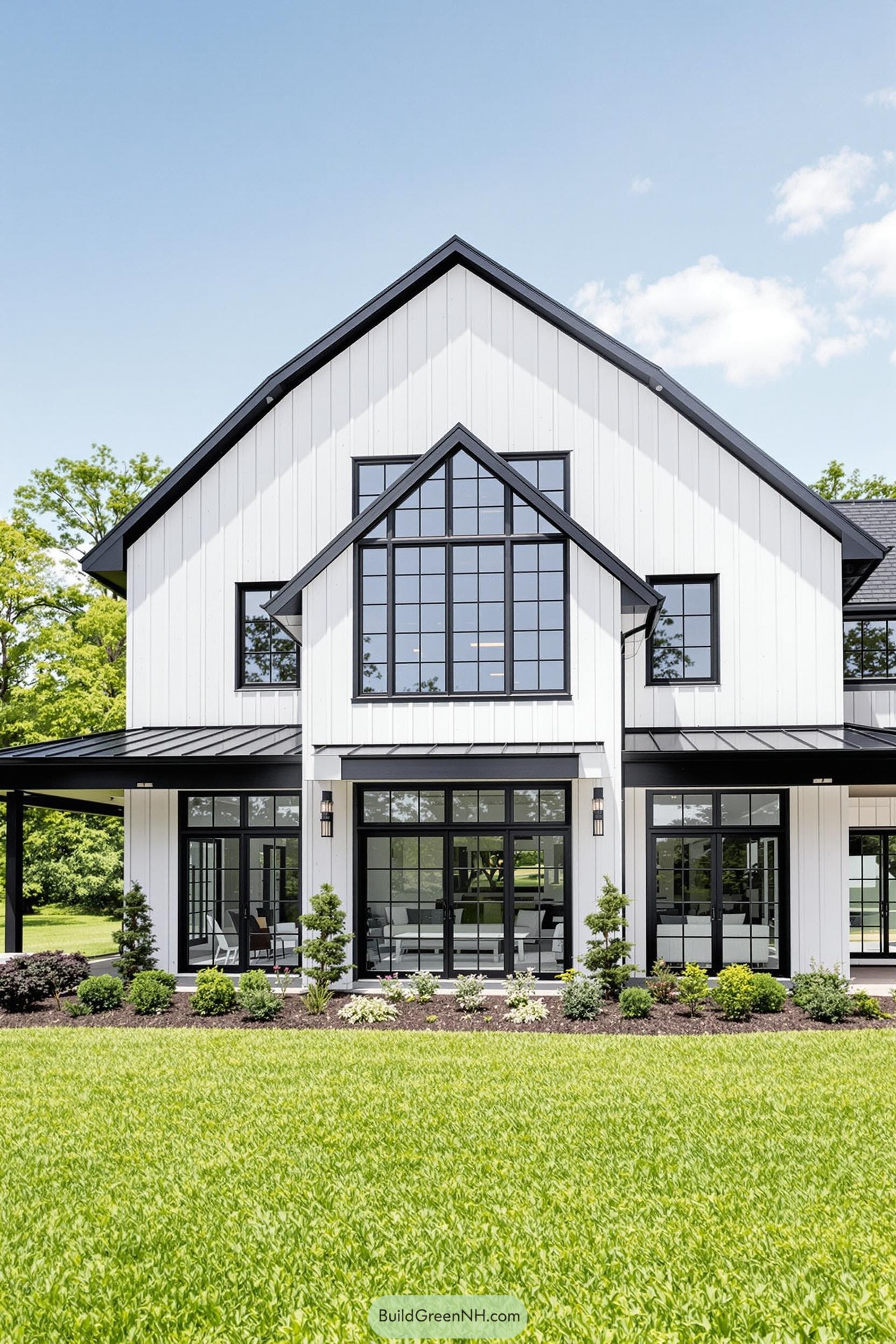 White pole barn house with black trim and green lawn