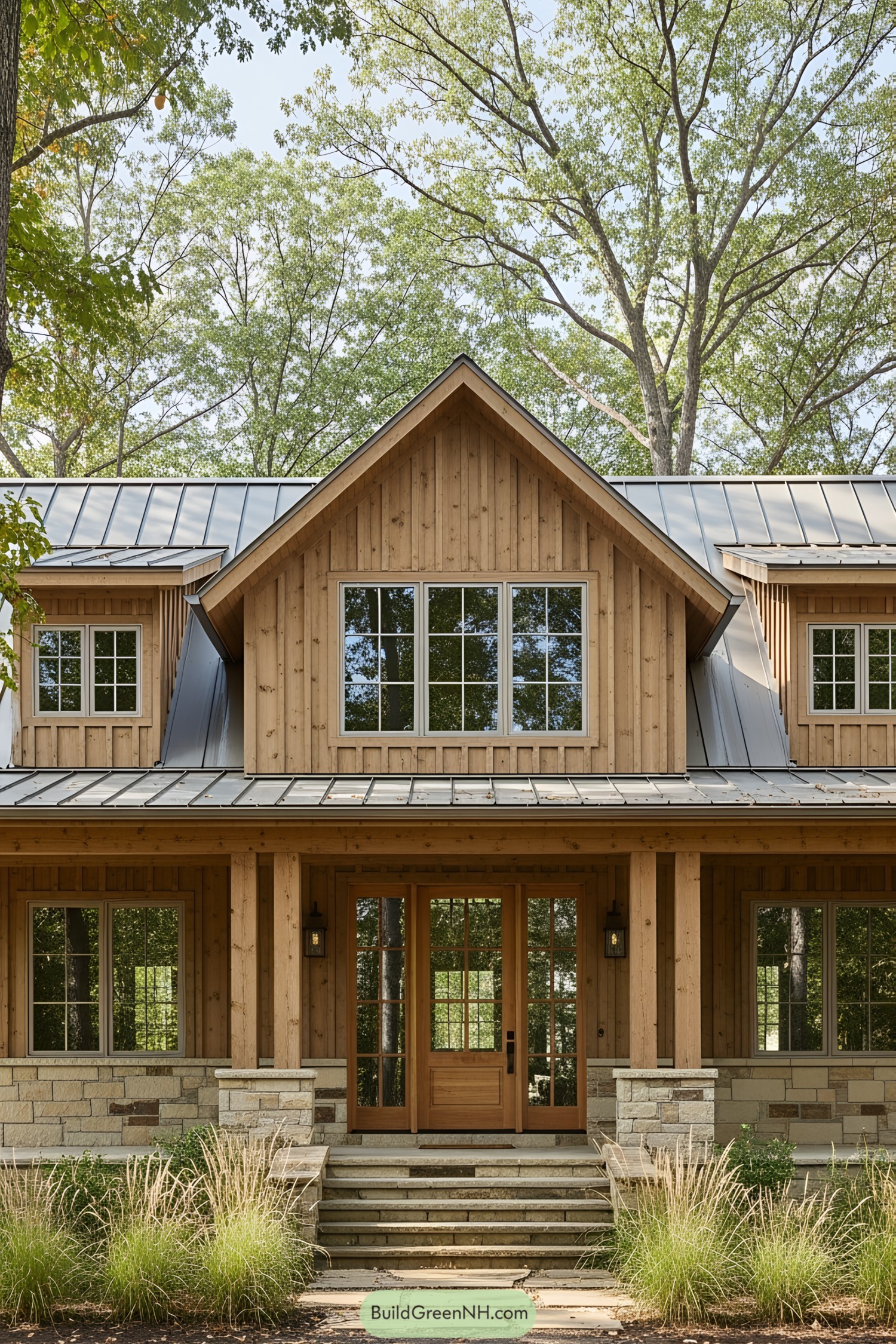 Wooden house with stone accents amidst trees