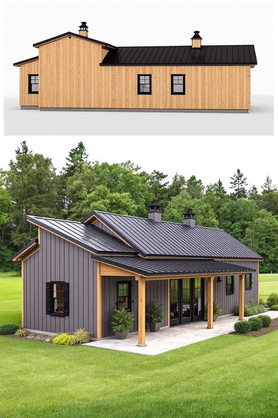 Charming small barndominium with black metal roof and wooden accents