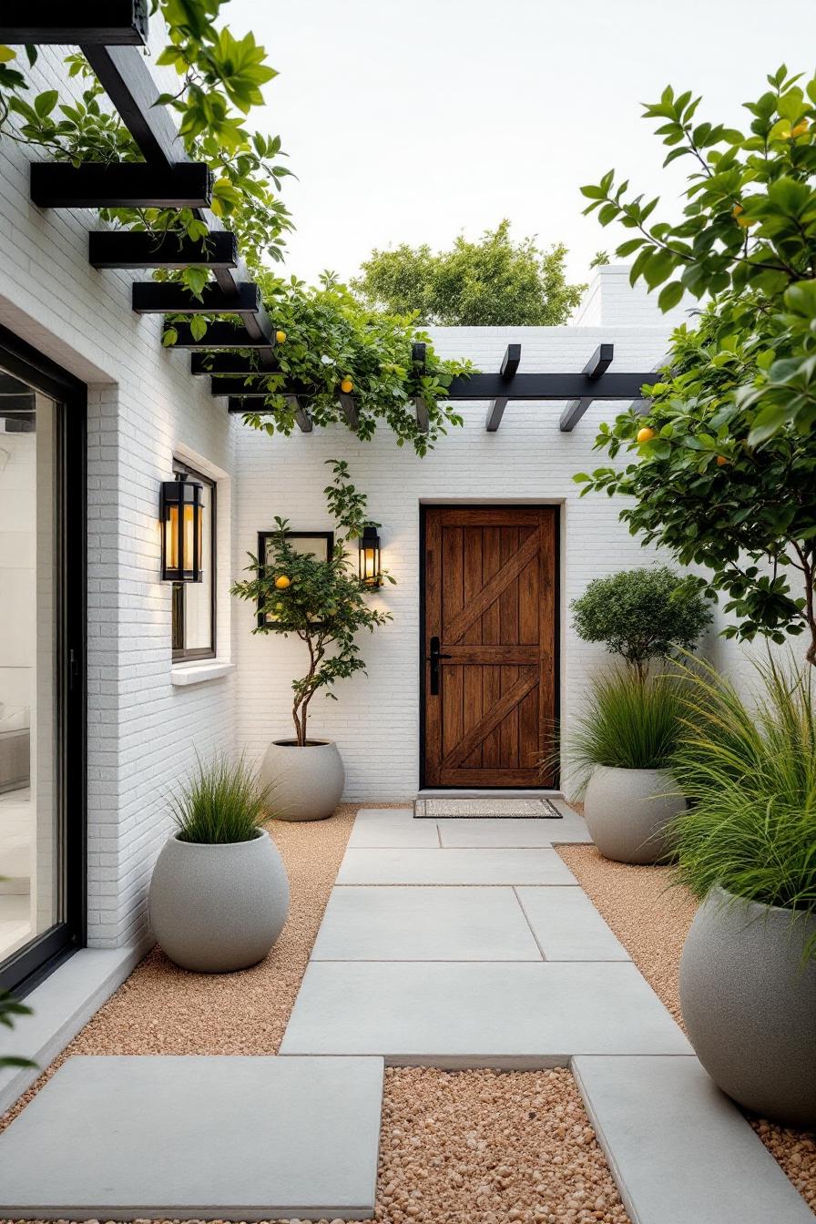 Modern courtyard with potted plants and a wooden door