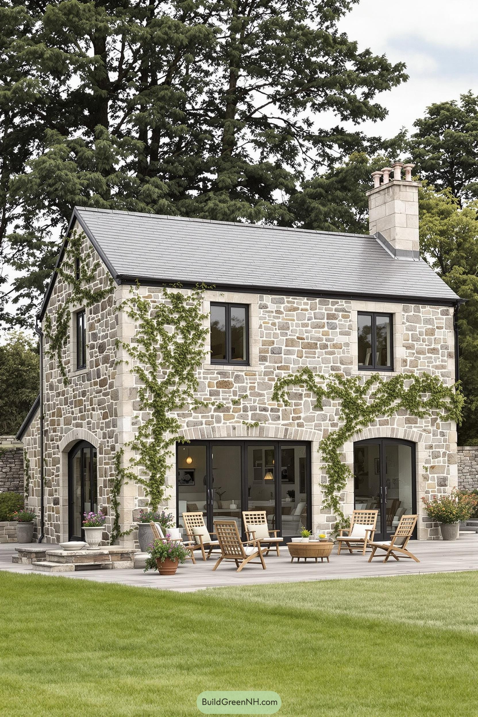 Stone farmhouse with ivy and patio furniture