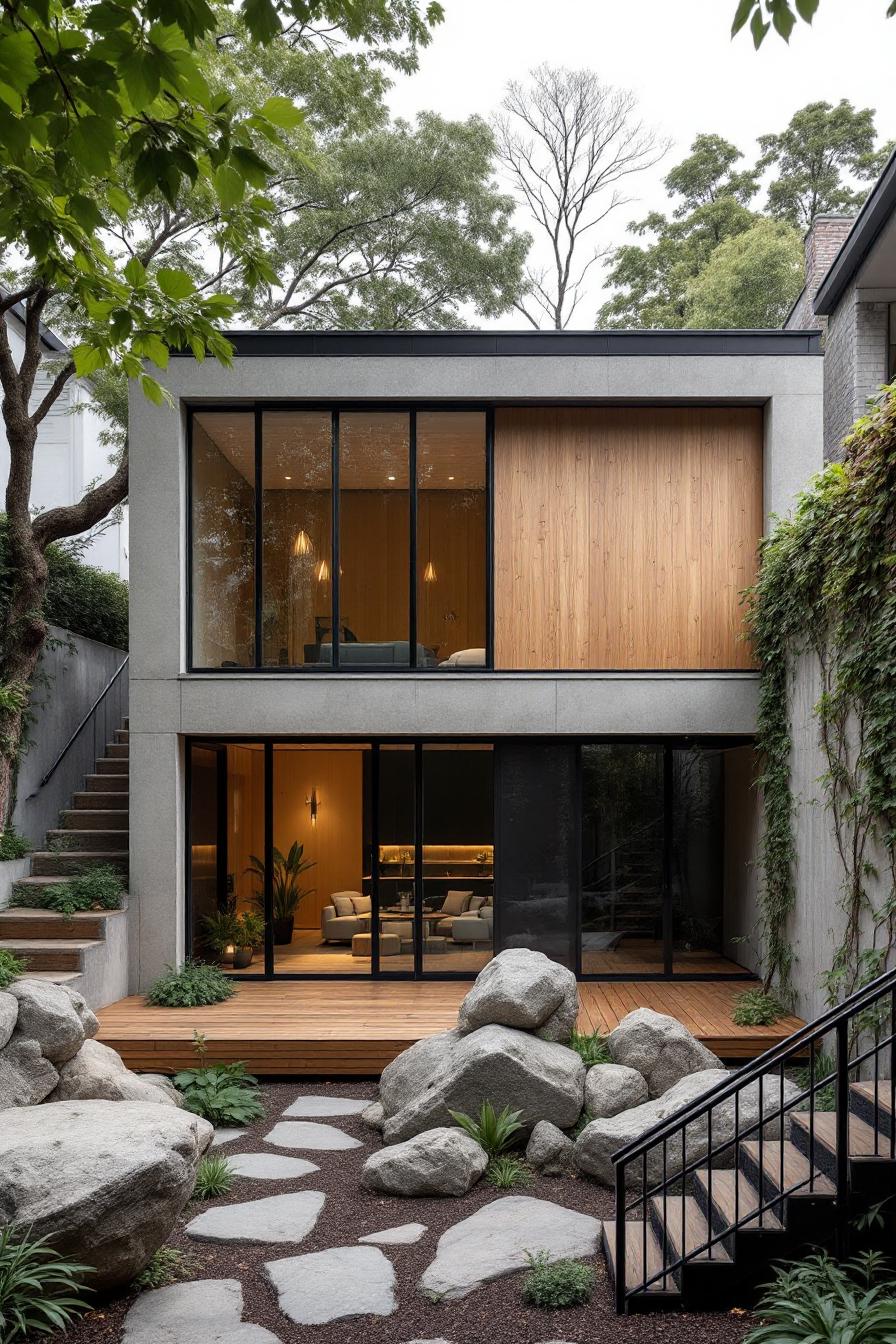 Modern glass-fronted house with lush courtyard