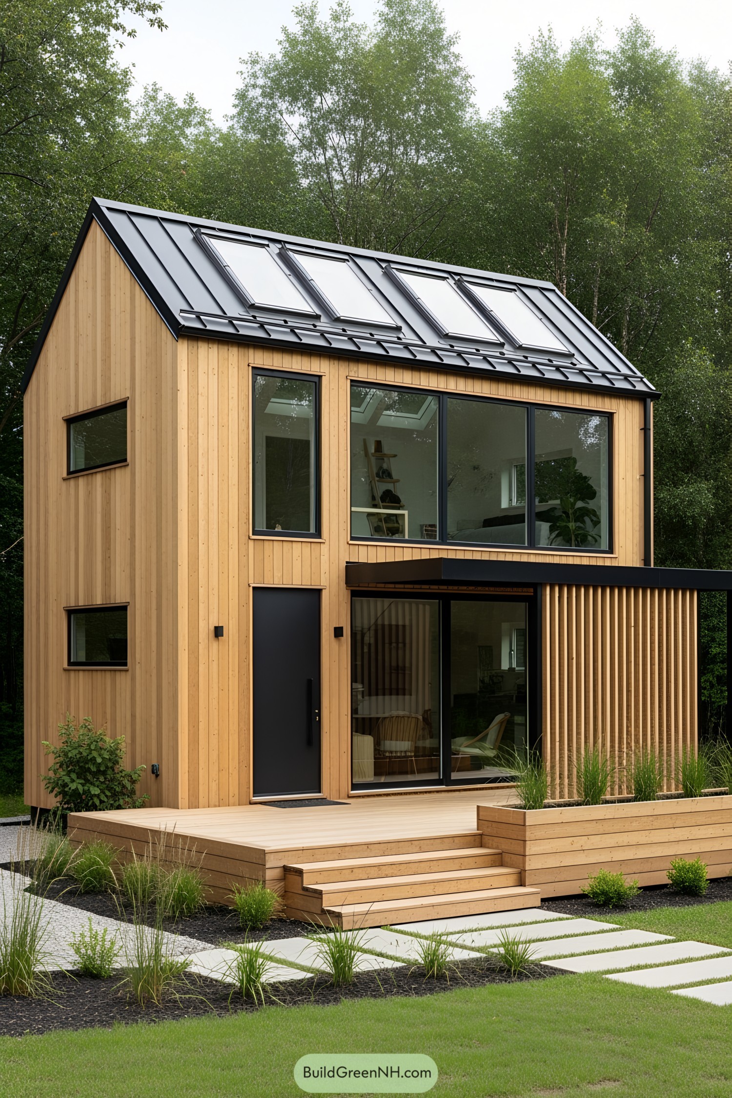 Compact wooden cabin with a modern design and large windows