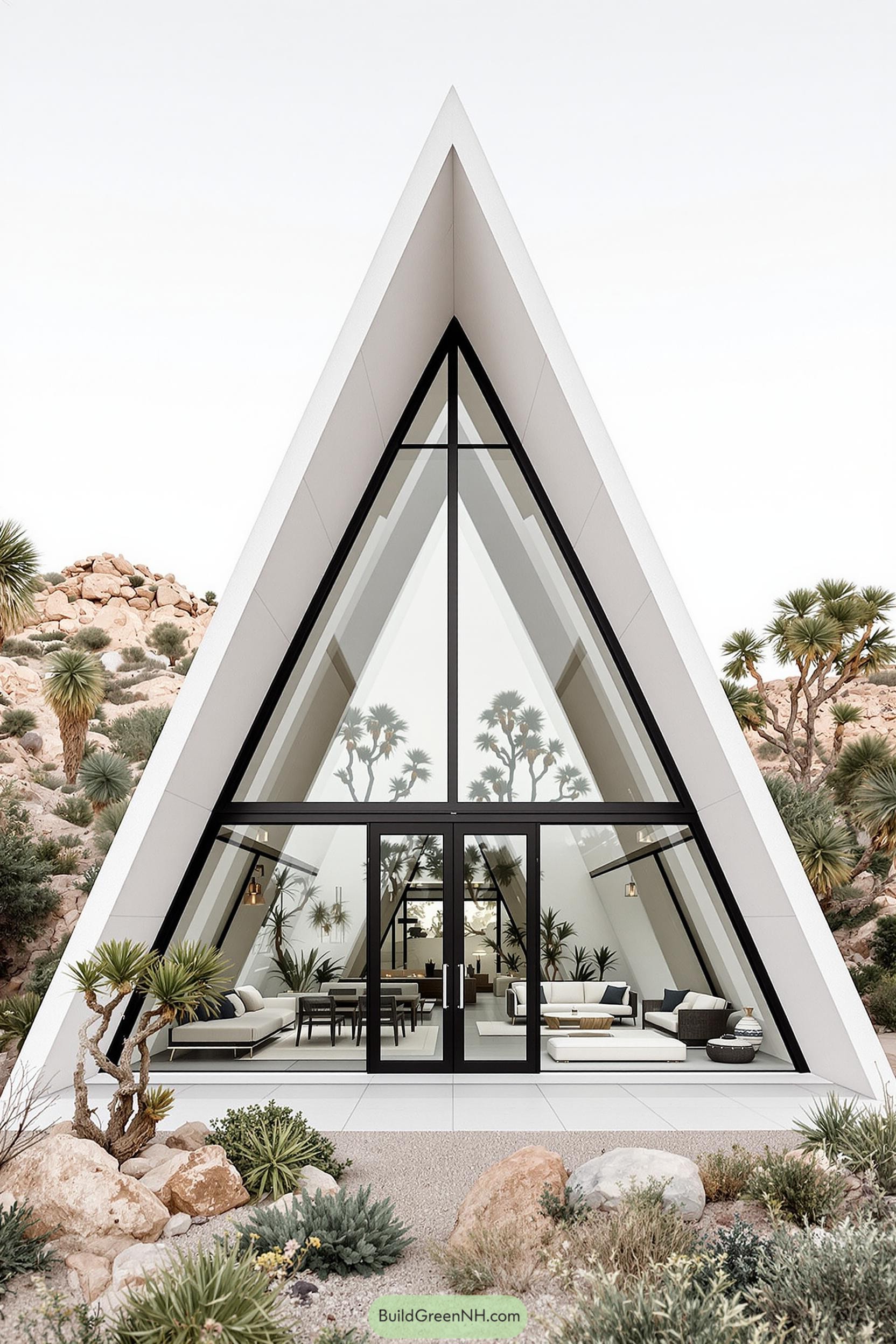 A modern A-frame house in a desert setting