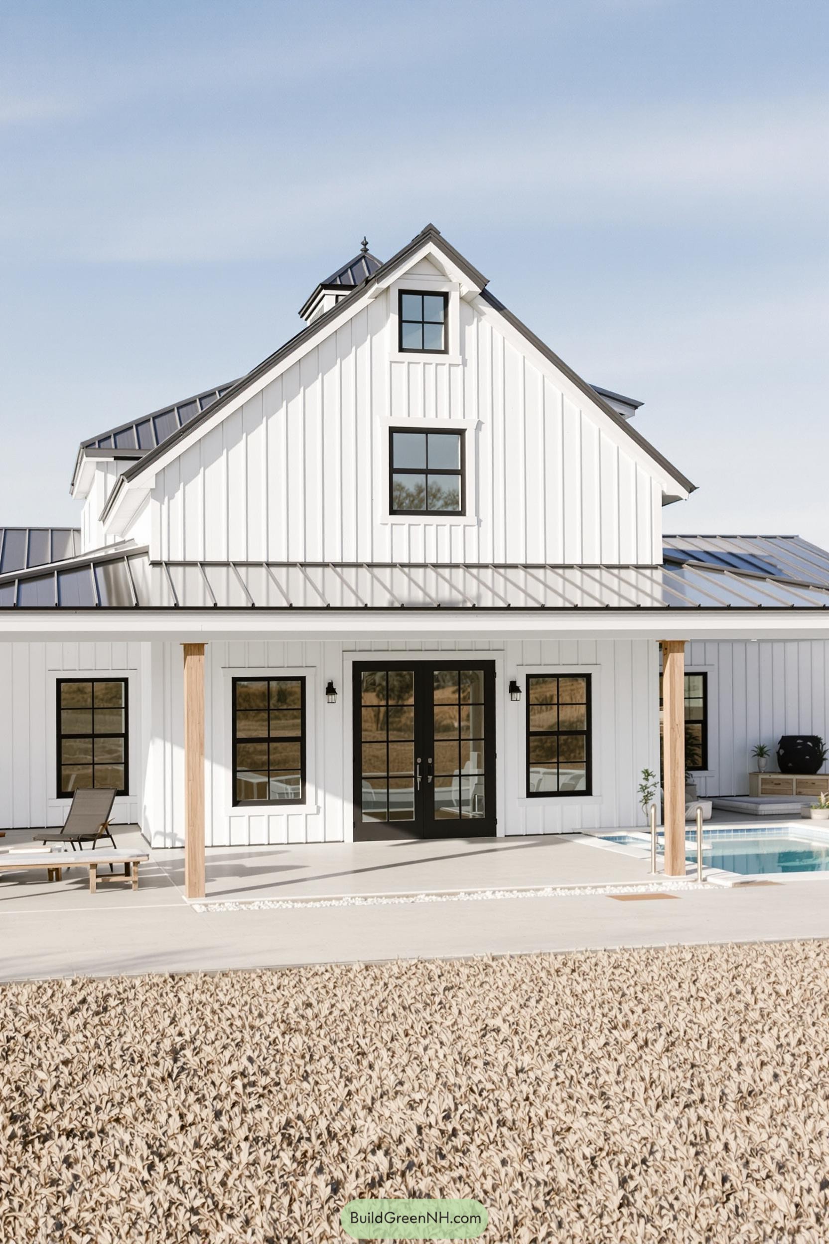 White barndominium with pool and black accents