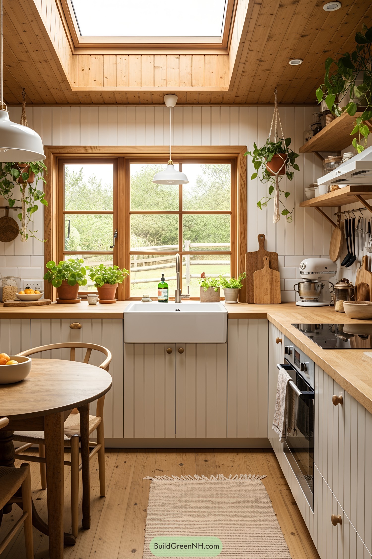 Bright kitchen with skylight and wooden accents