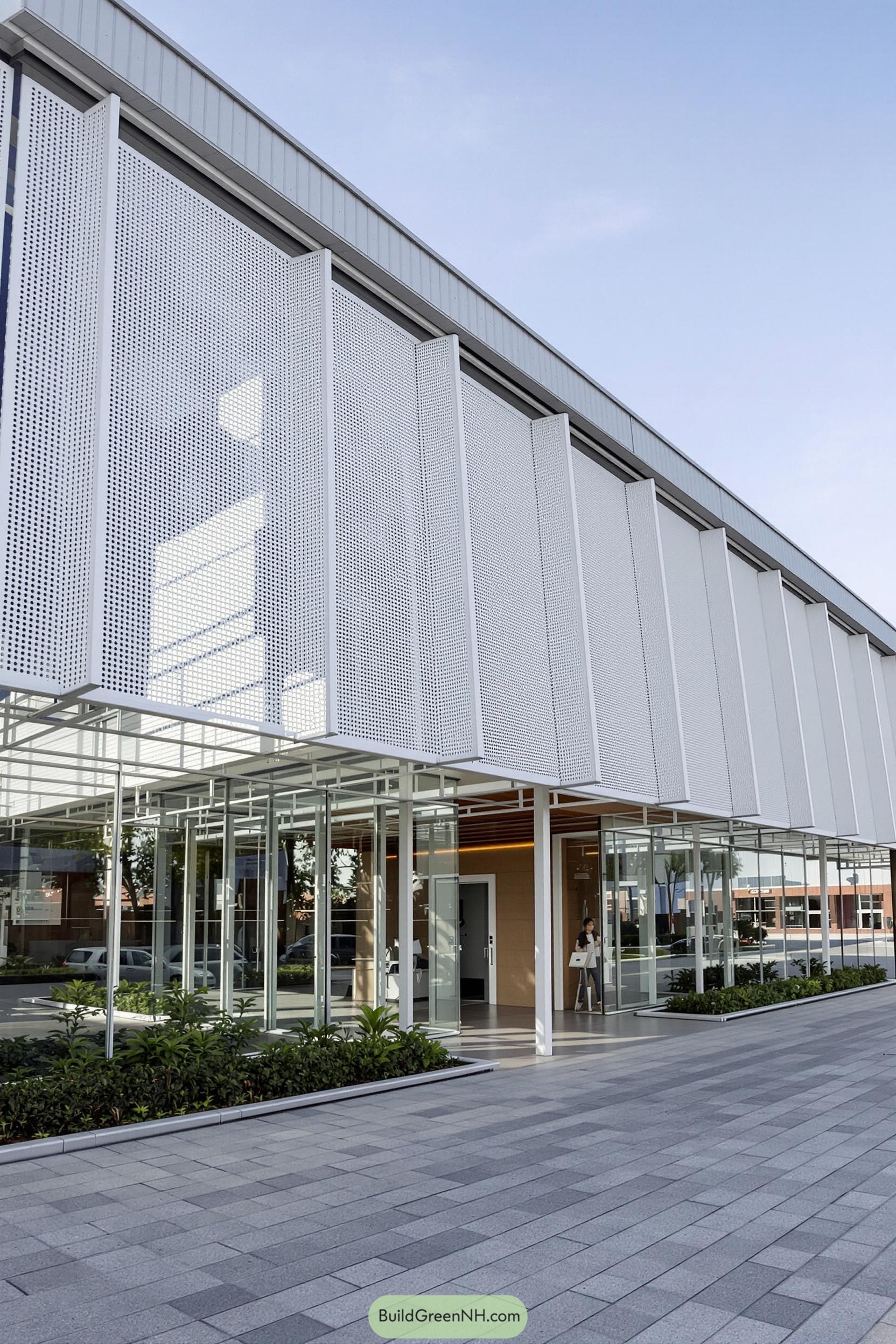 Modern building facade with perforated metal panels