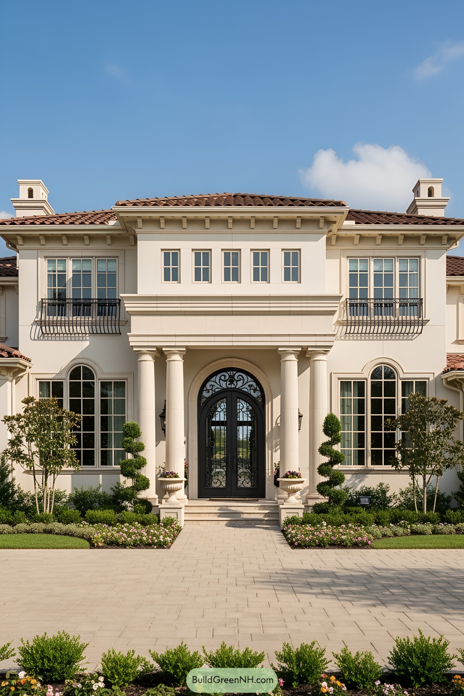 Luxurious home with tall columns and intricate door