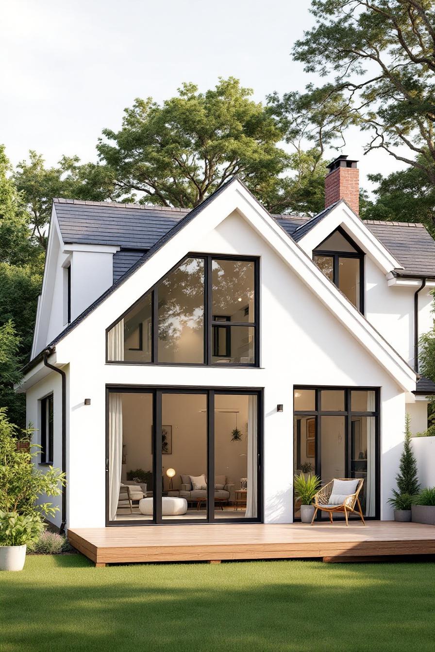 A white dormer bungalow with large windows and a wooden deck