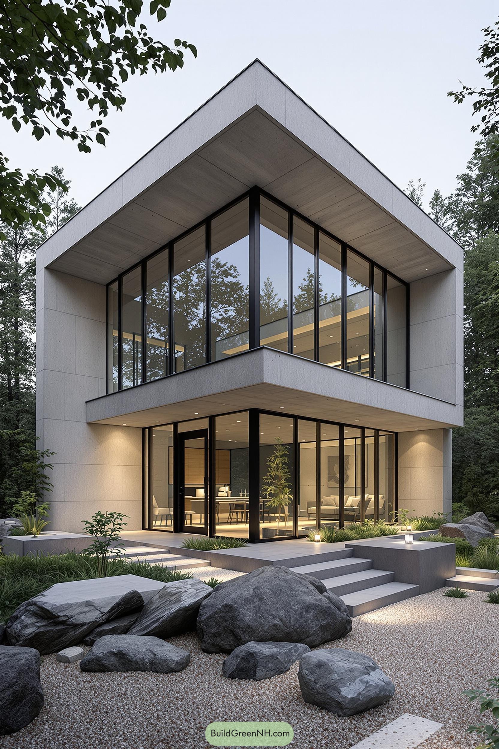 Modern house with large windows surrounded by rocks and trees
