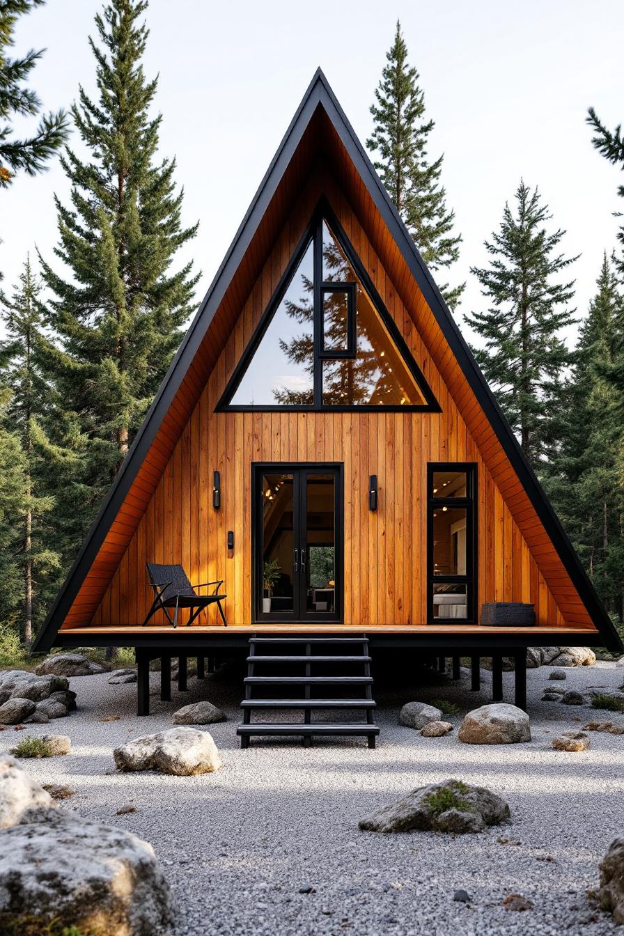 A-frame wood cabin surrounded by trees