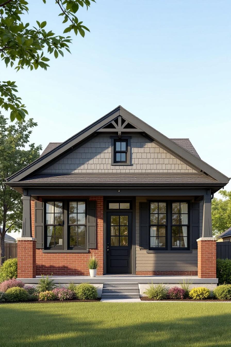 Brick house with dark trim and a small porch