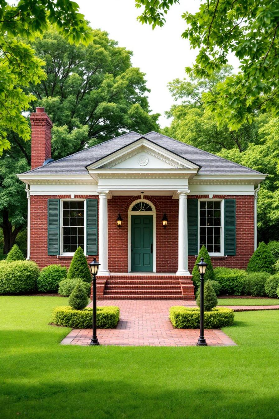 Small red brick house with white columns and green shutters