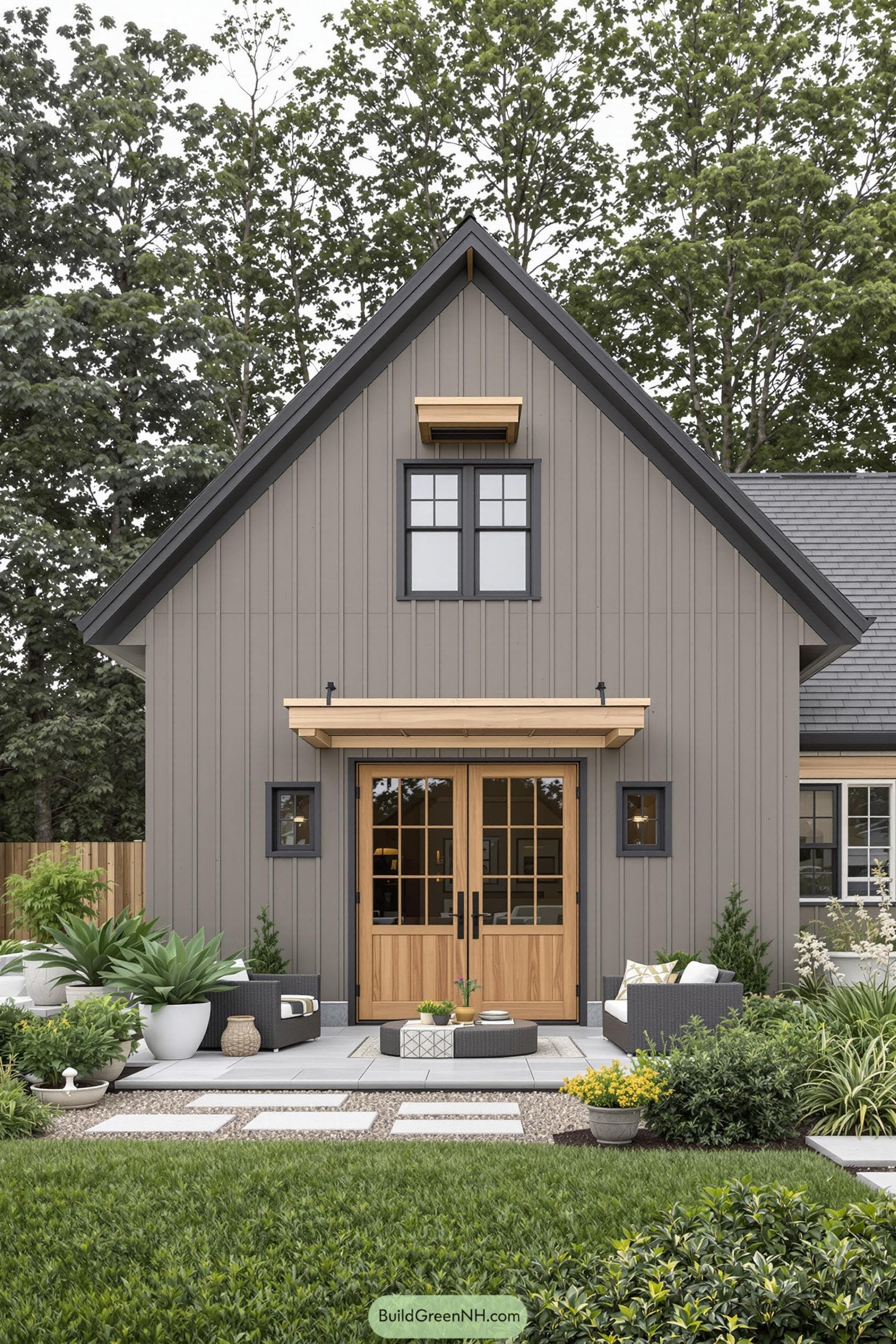 Contemporary barn house with wooden accents surrounded by trees