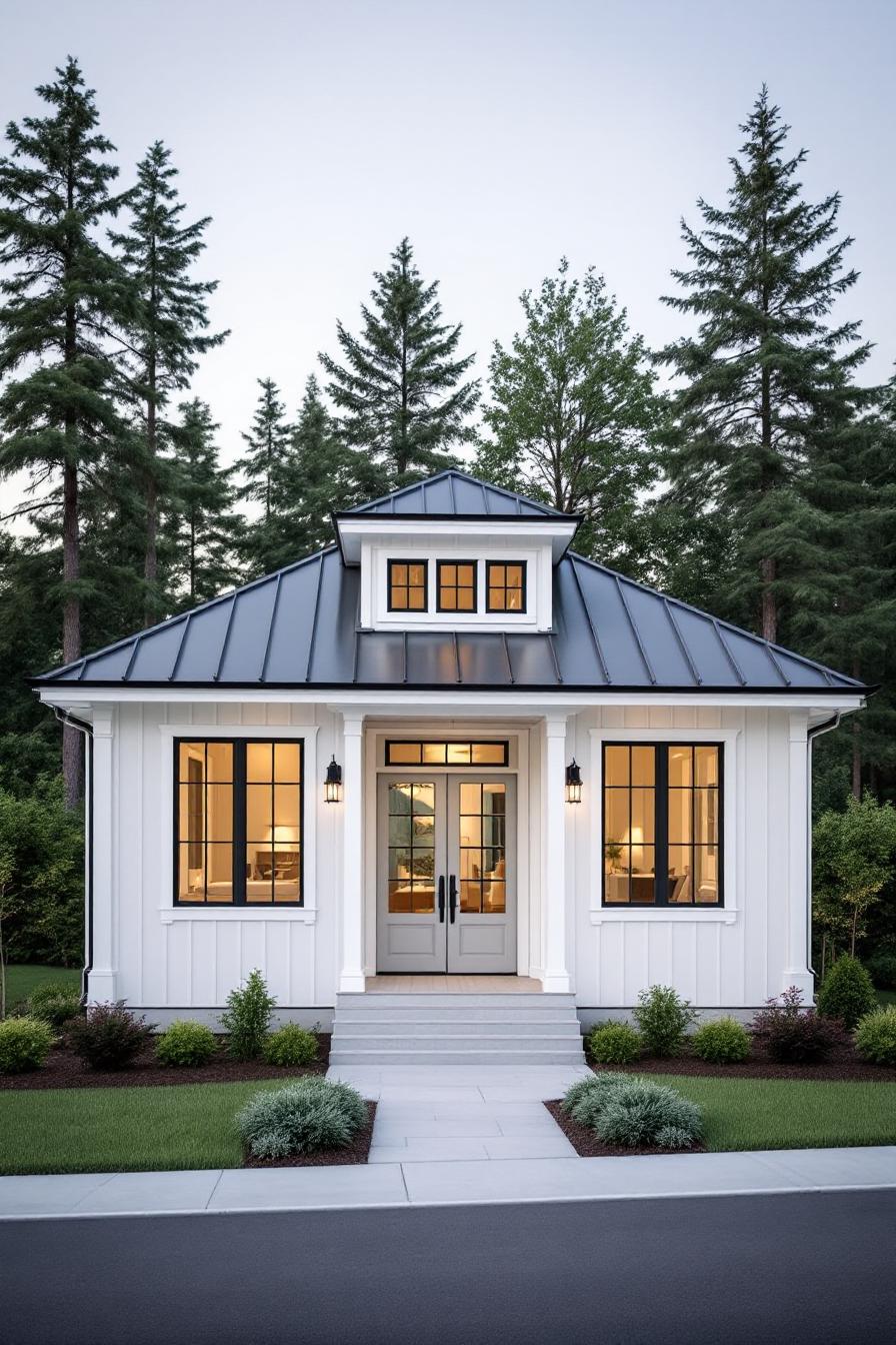 White Craftsman bungalow surrounded by trees