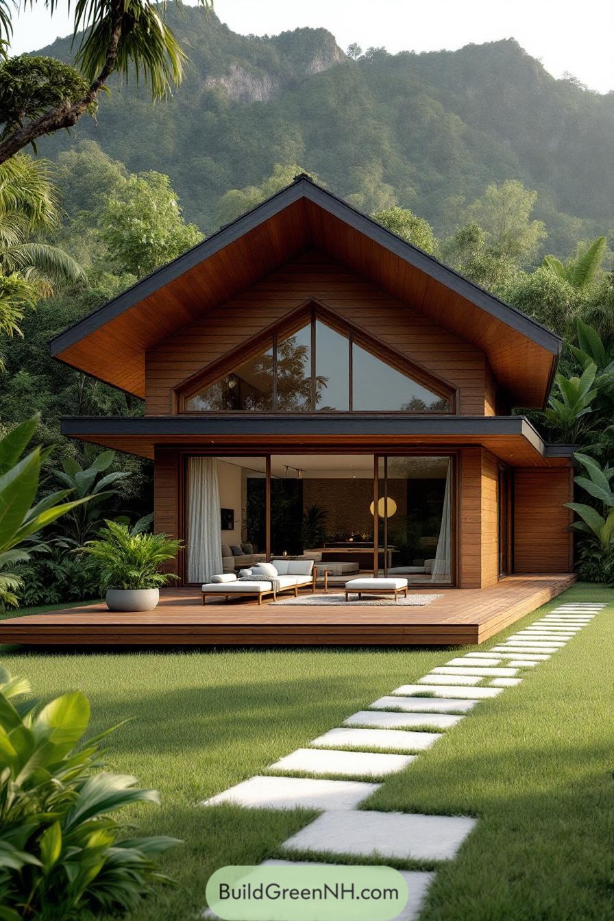 Small tropical house with large windows and wooden deck surrounded by lush greenery