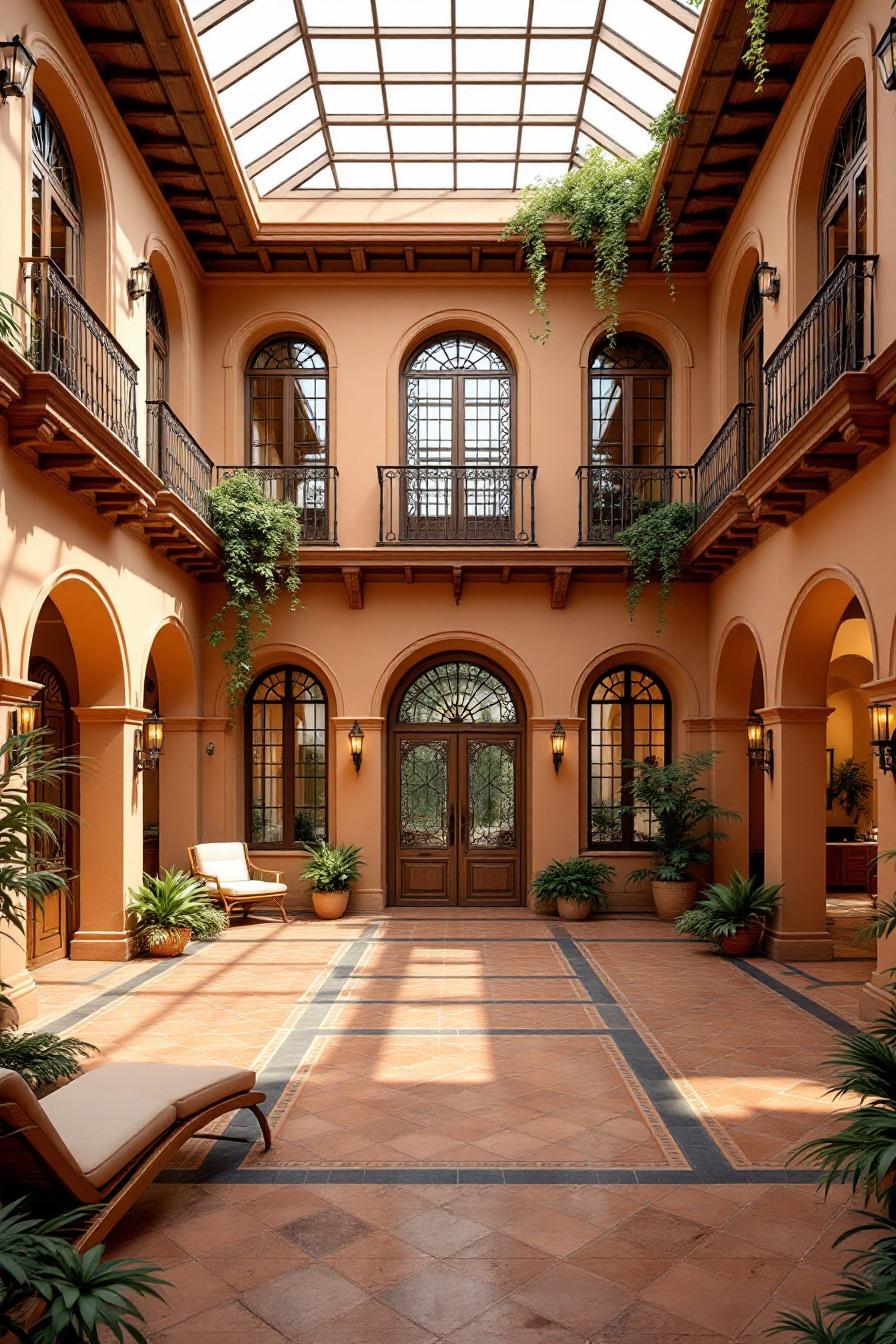 Spacious Spanish courtyard with terracotta floors and greenery