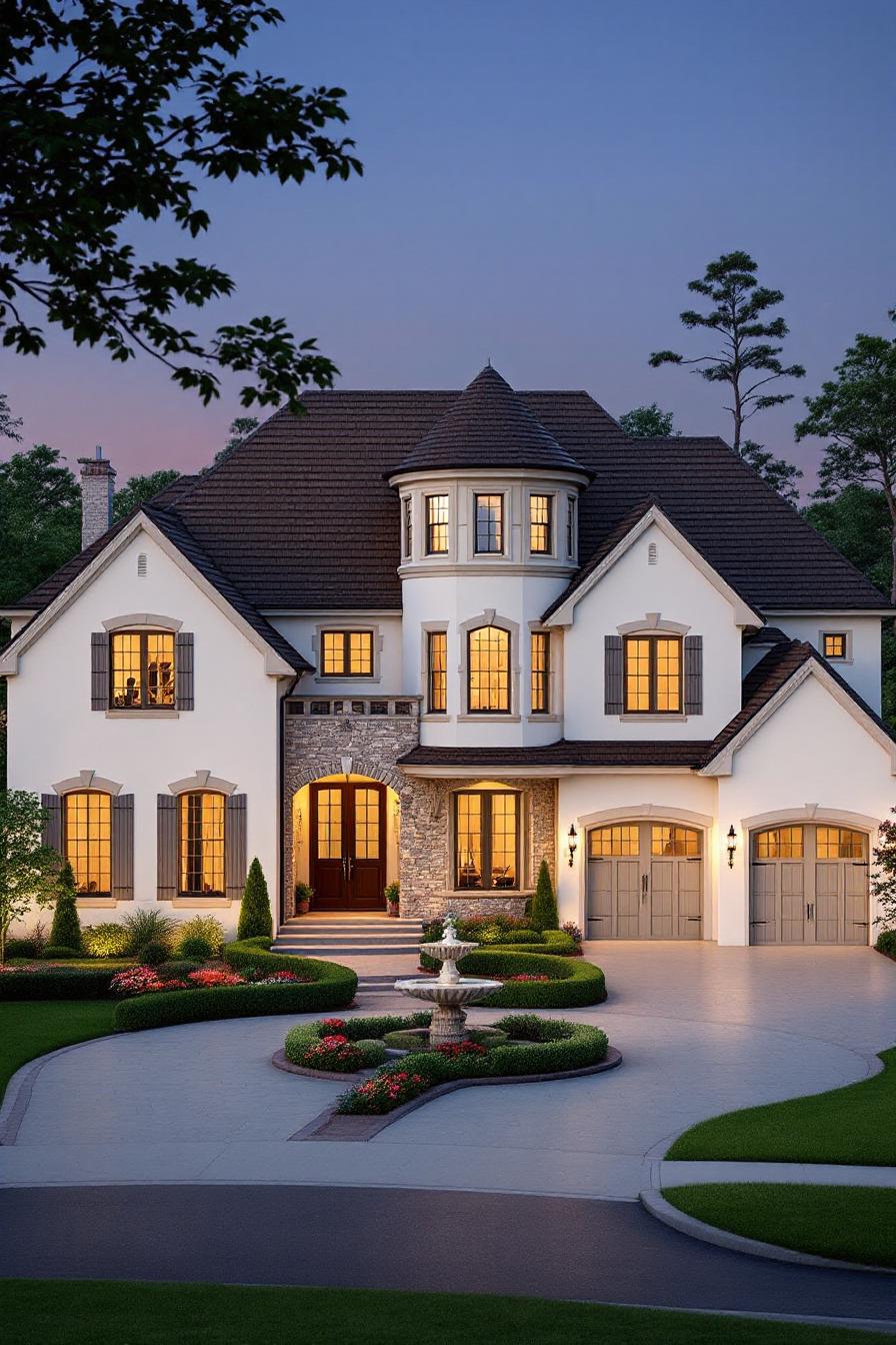 Elegant house with a central tower and landscaped garden