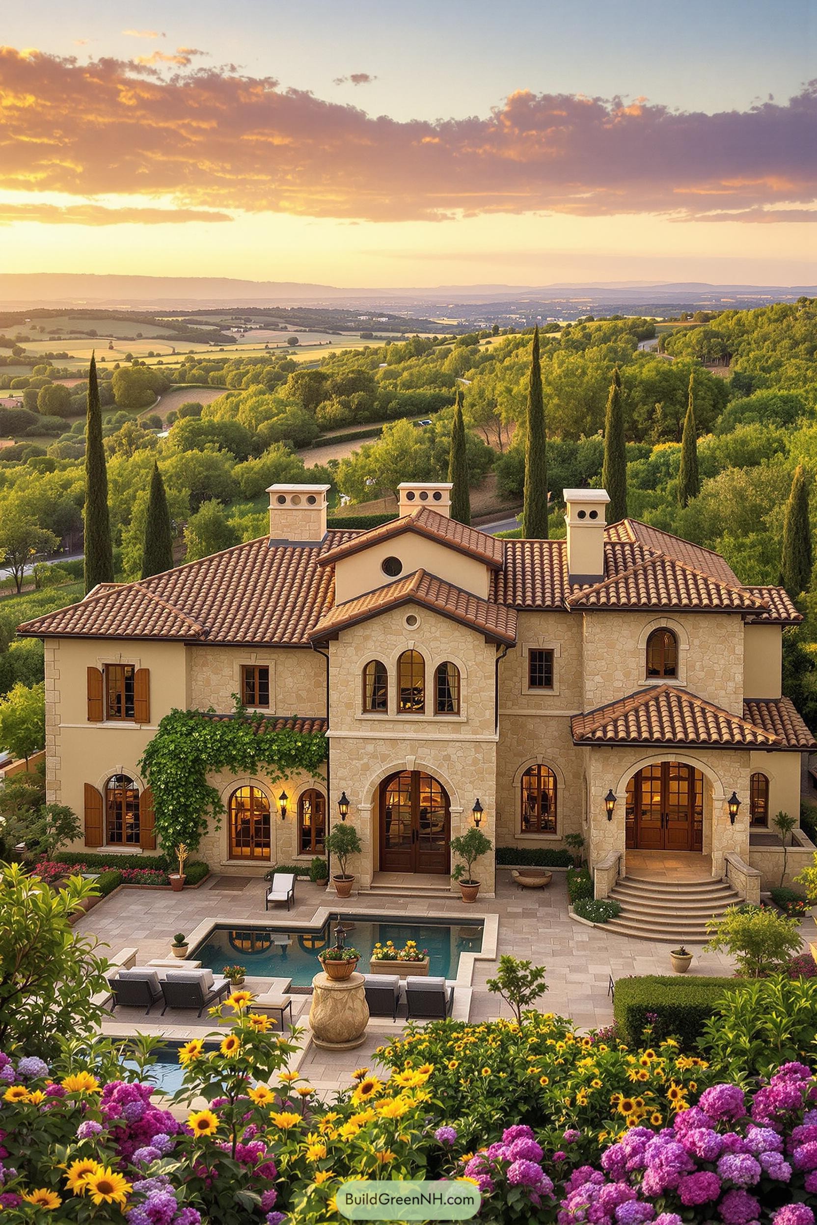 Elegant Tuscan mansion surrounded by cypress trees and lush gardens