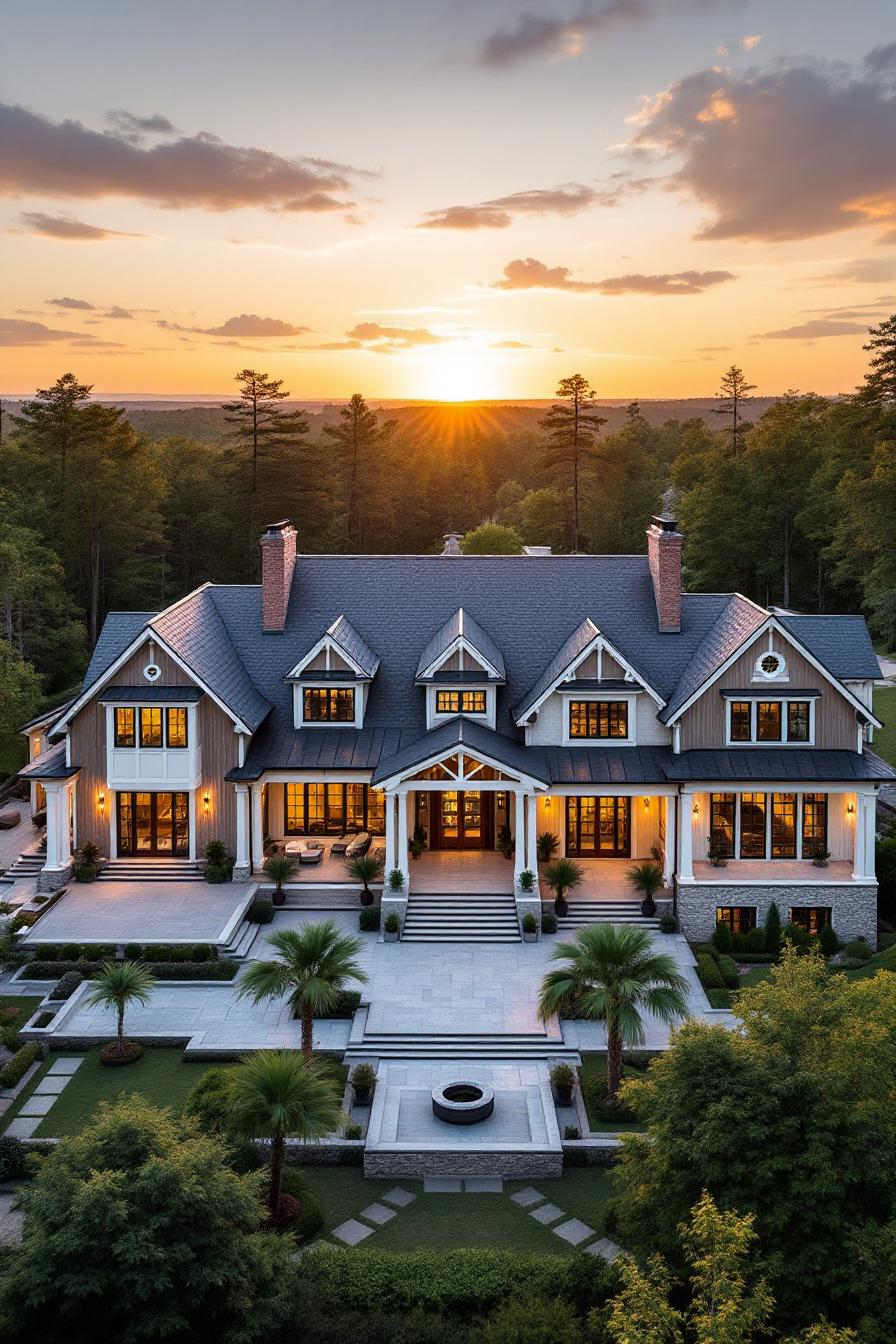 Grand farmhouse with a sunset backdrop