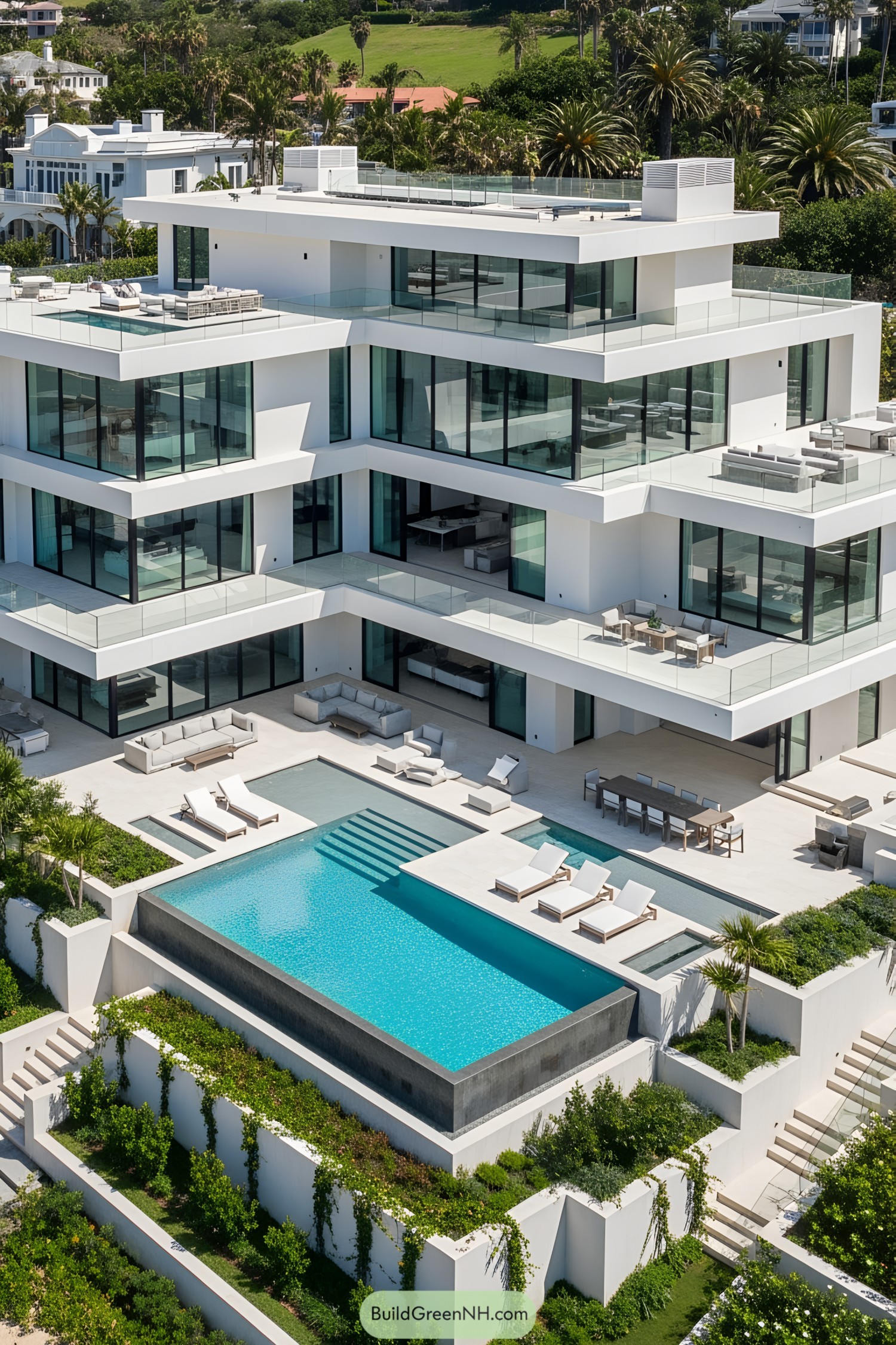 Modern white mansion with layered design and pool